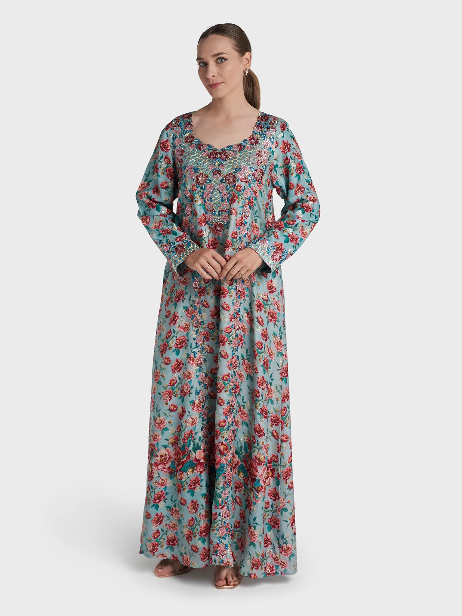 Aqua Green Colour Stone Work Viscose Crepe Floral Printed Jalabiya (VG3124B) - Image 3