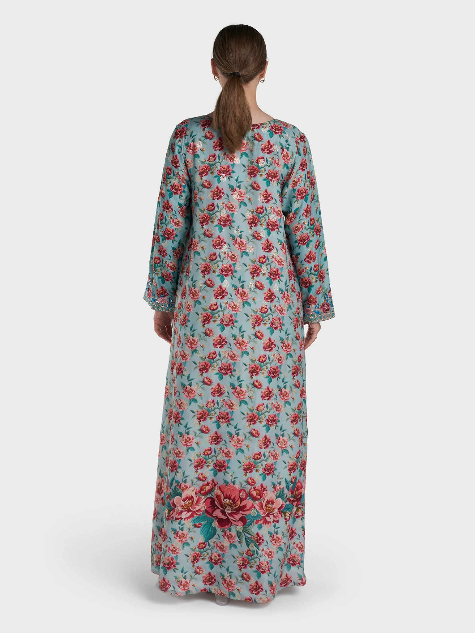 Aqua Green Colour Stone Work Viscose Crepe Floral Printed Jalabiya (VG3124B) - Image 4