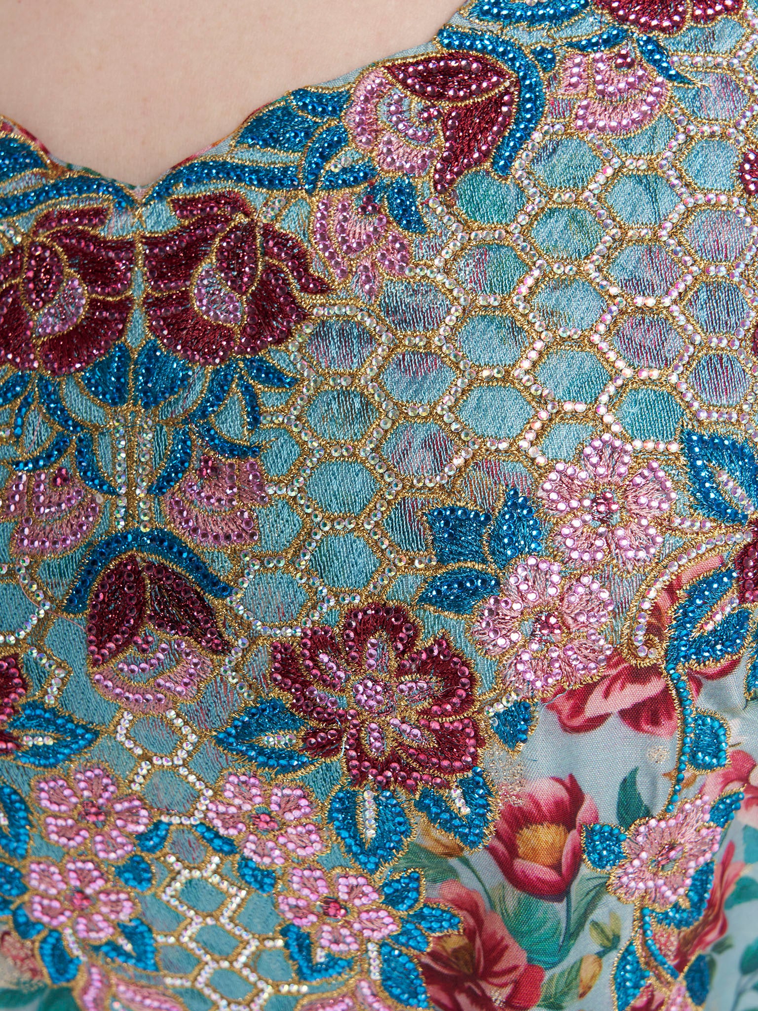 Aqua Green Colour Stone Work Viscose Crepe Floral Printed Jalabiya (VG3124B) - Image 5