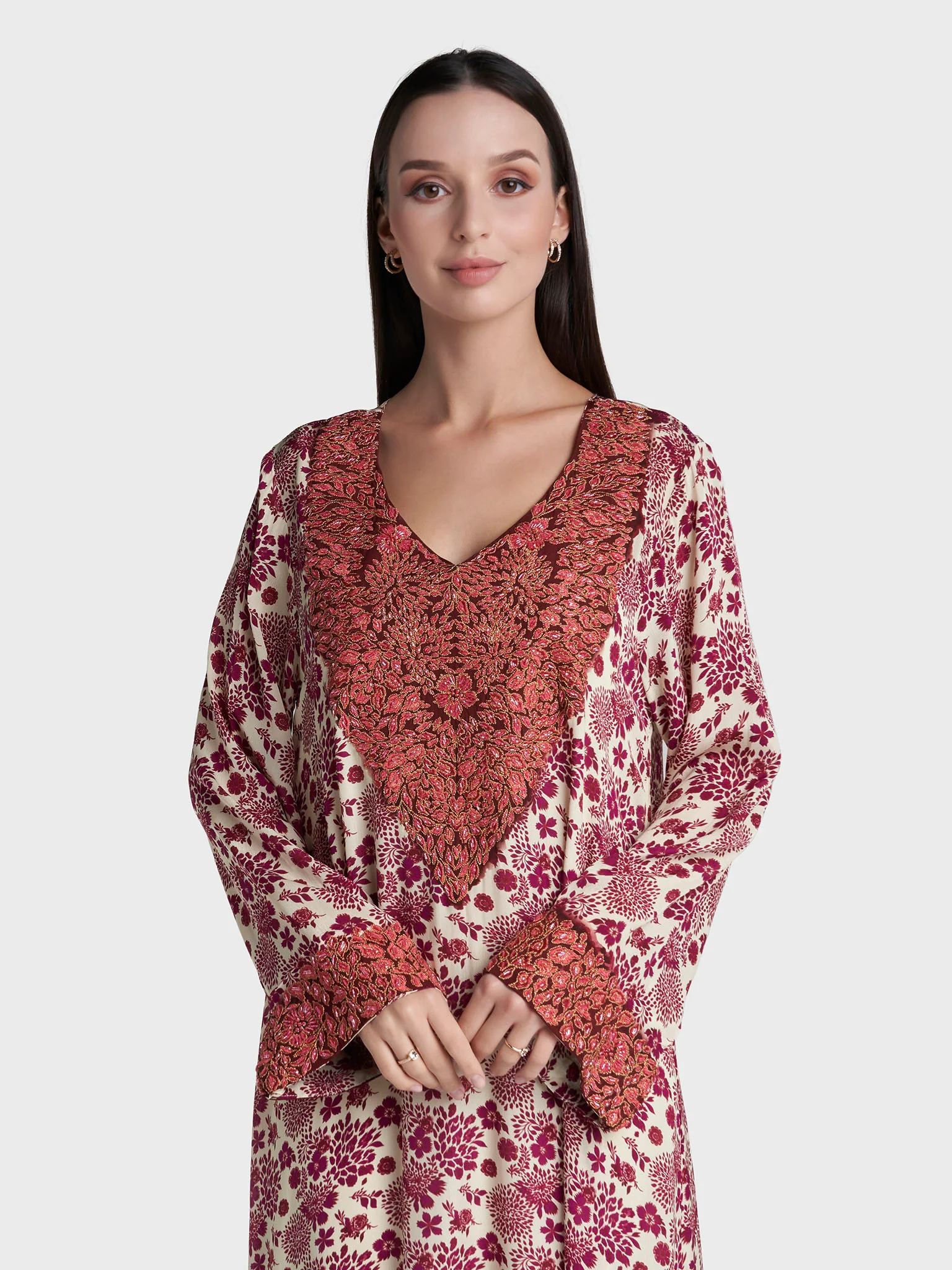Wine Colour Floral Print Viscose Crepe Hand Work Jalabiya (VG3126)