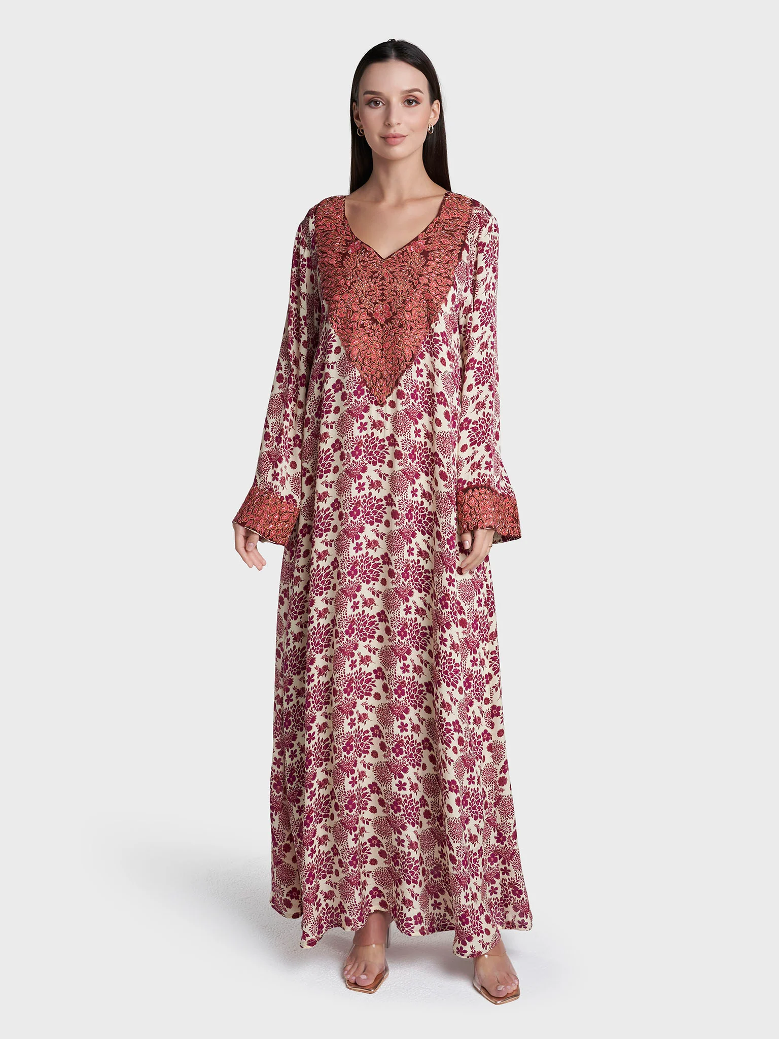 Wine Colour Floral Print Viscose Crepe Hand Work Jalabiya (VG3126) - Image 2