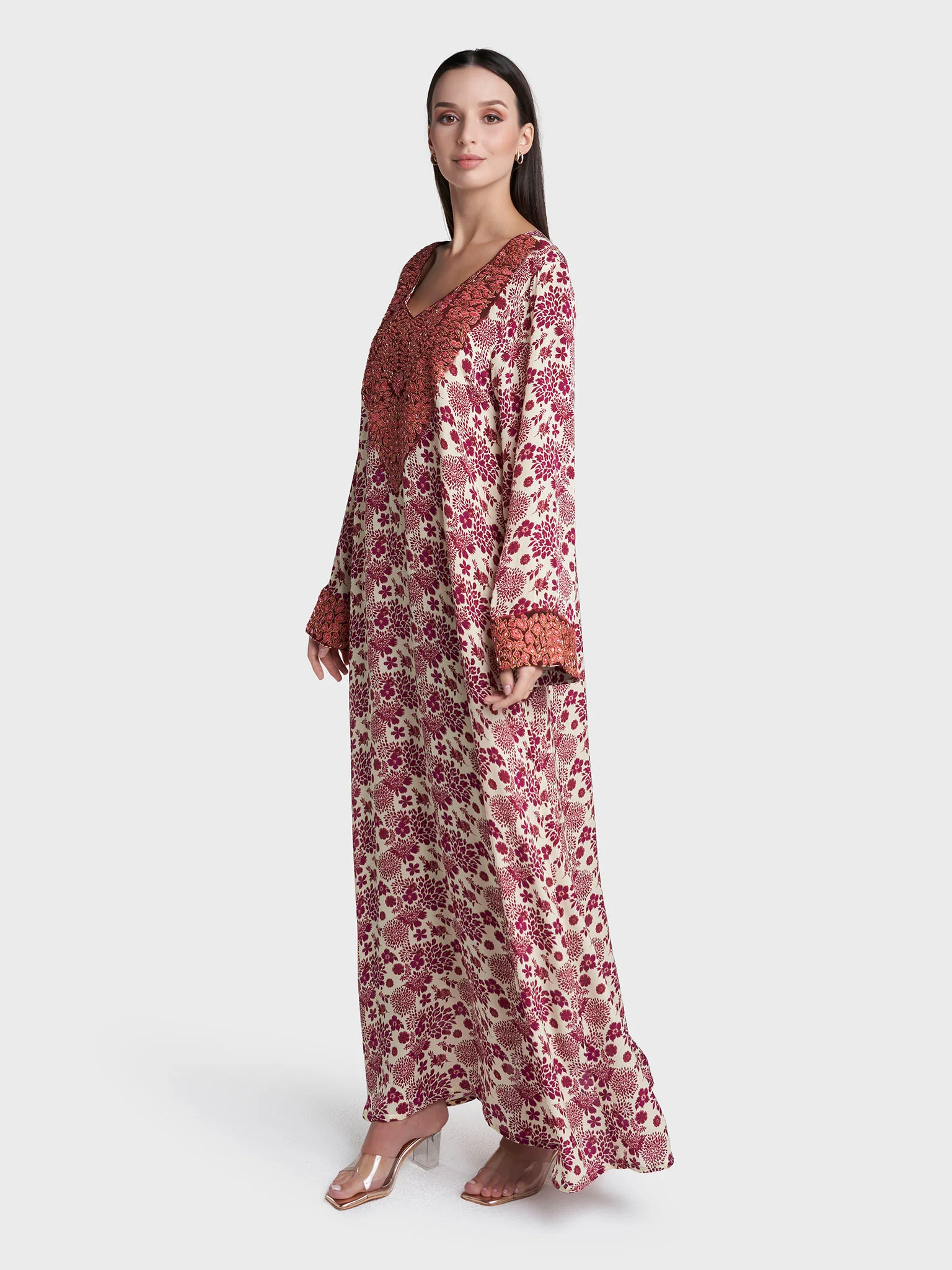 Wine Colour Floral Print Viscose Crepe Hand Work Jalabiya (VG3126) - Image 3