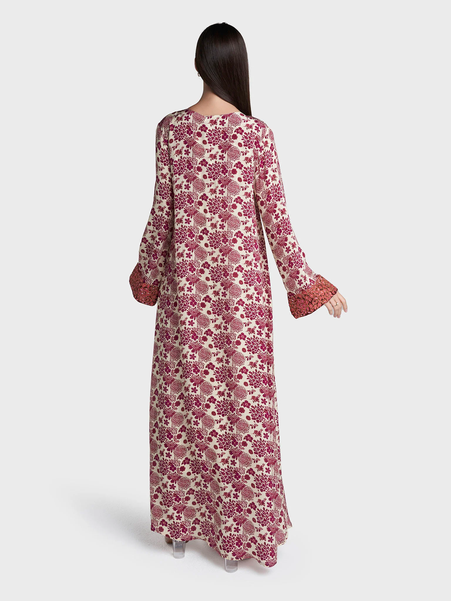 Wine Colour Floral Print Viscose Crepe Hand Work Jalabiya (VG3126) - Image 4