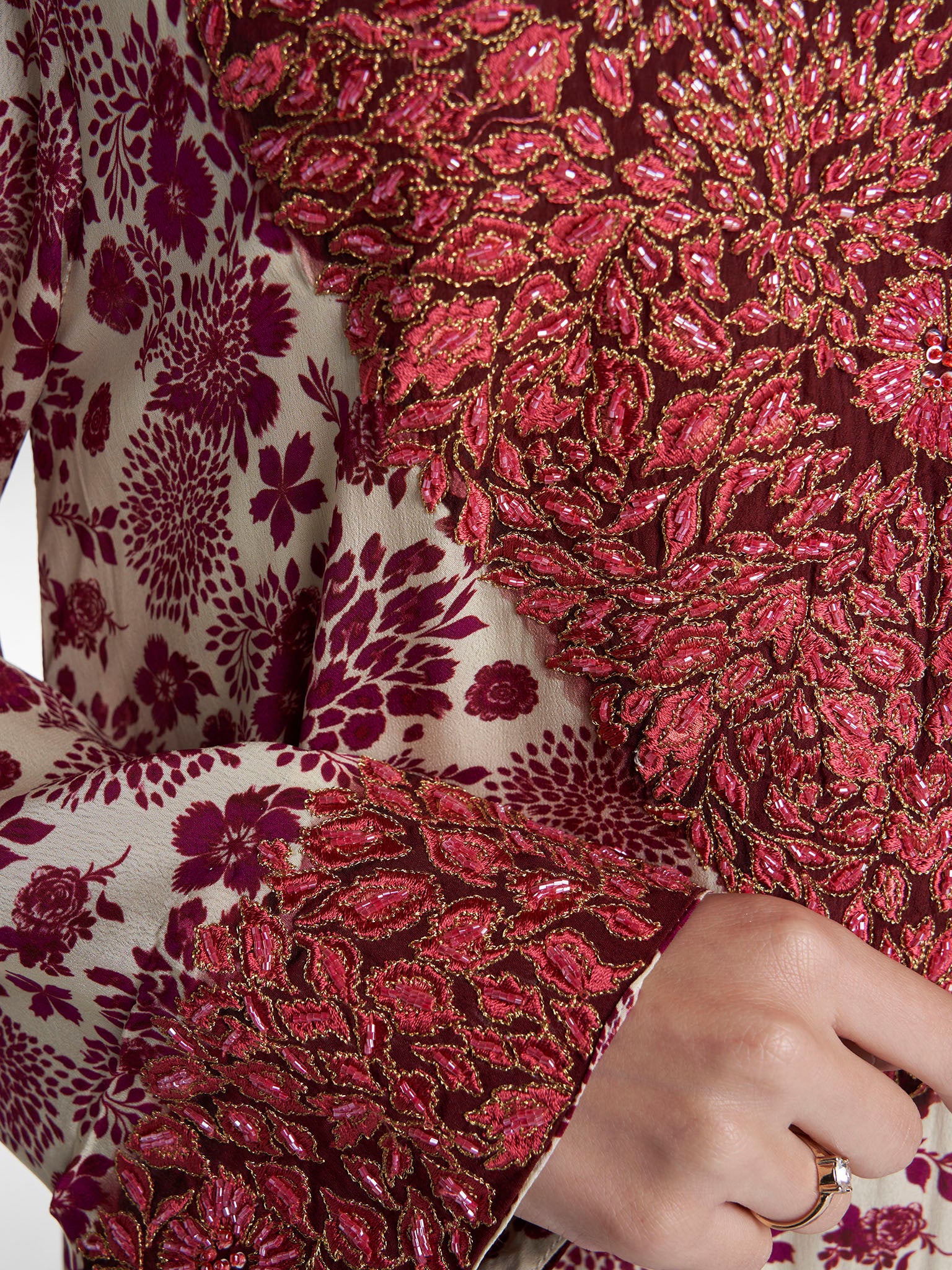 Wine Colour Floral Print Viscose Crepe Hand Work Jalabiya (VG3126) - Image 5