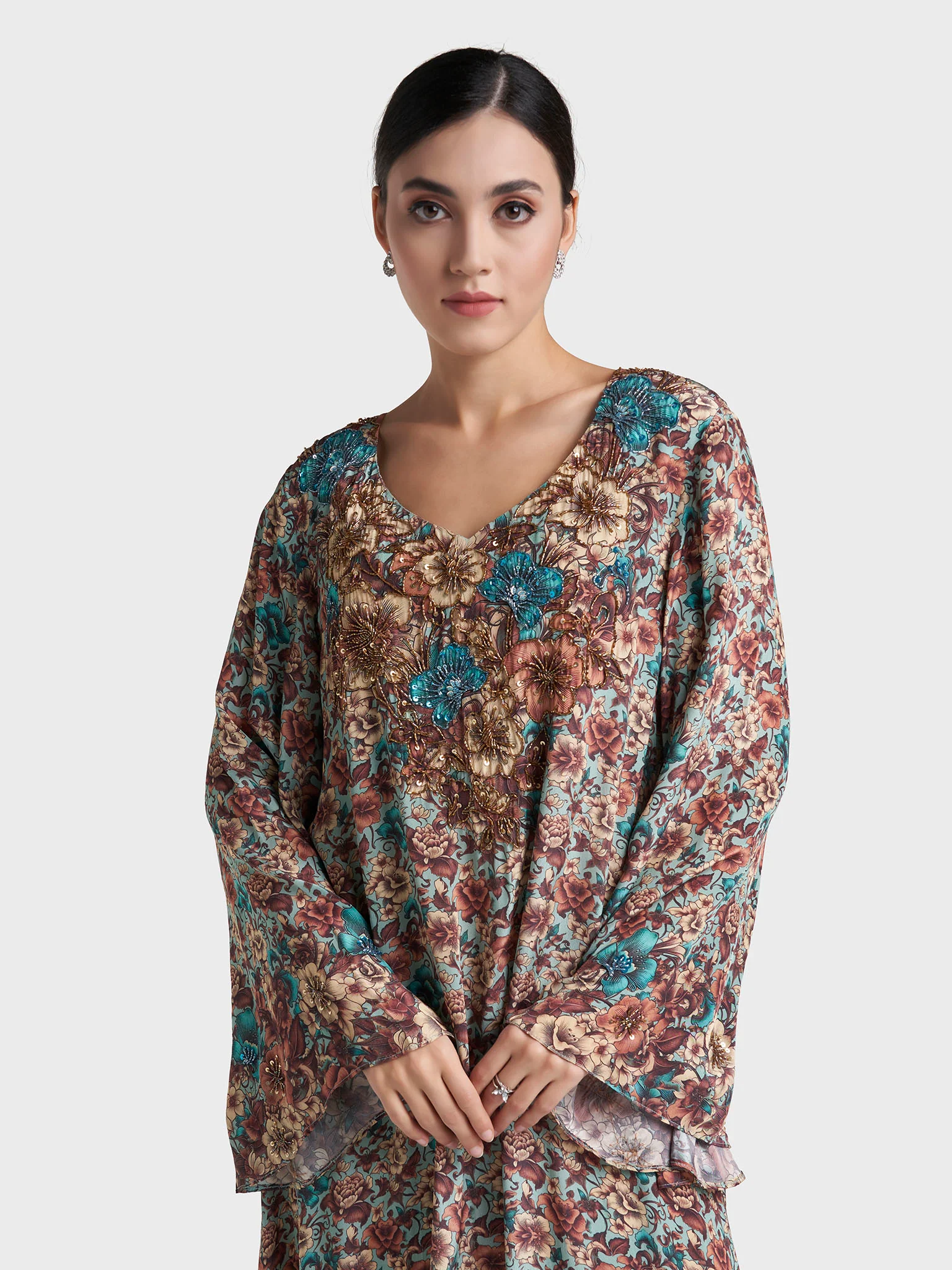 Chocolate Floral Print Hand Work Viscose Crepe Jalabiya (VG3128)