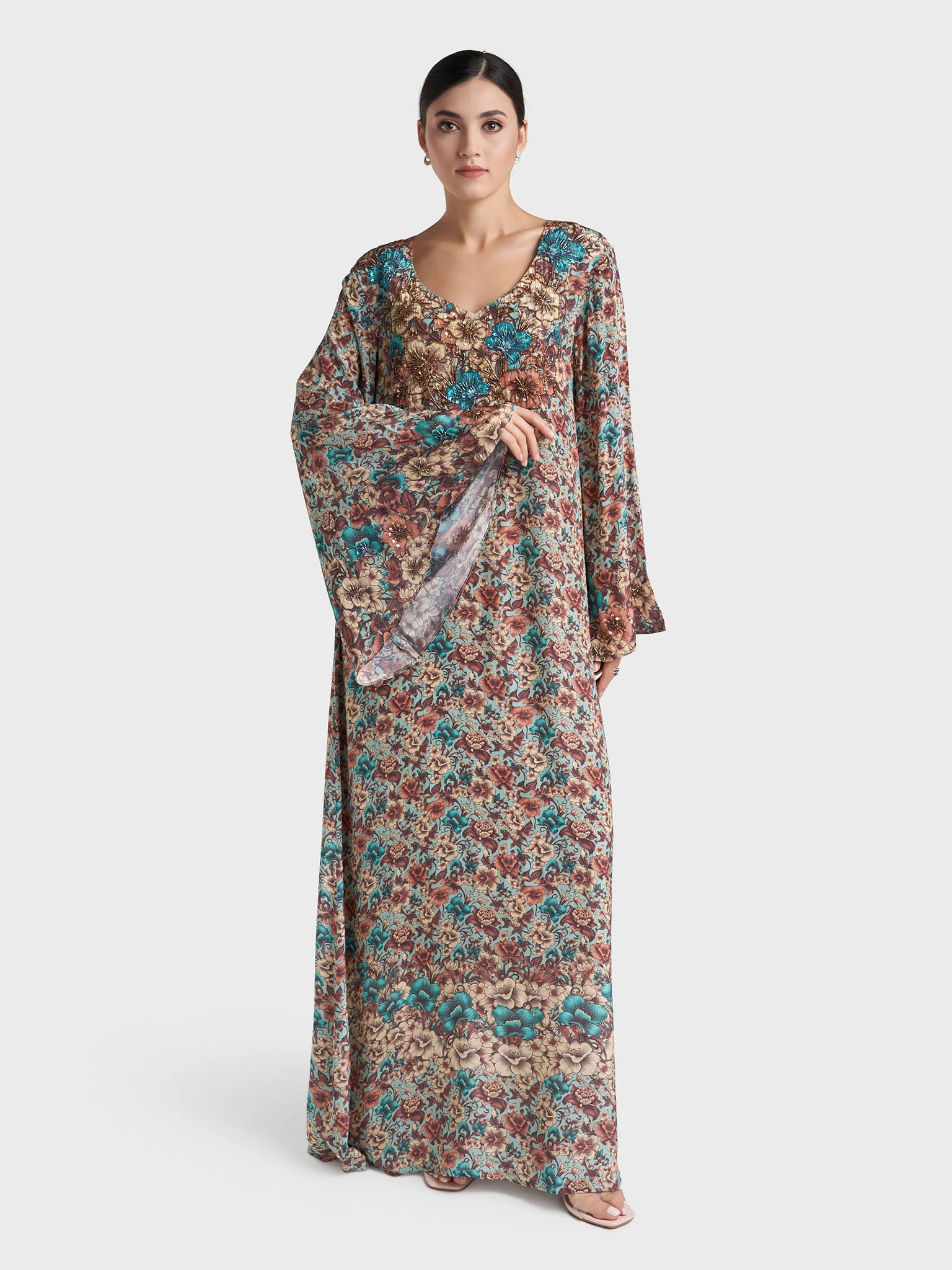 Chocolate Floral Print Hand Work Viscose Crepe Jalabiya (VG3128) - Image 2