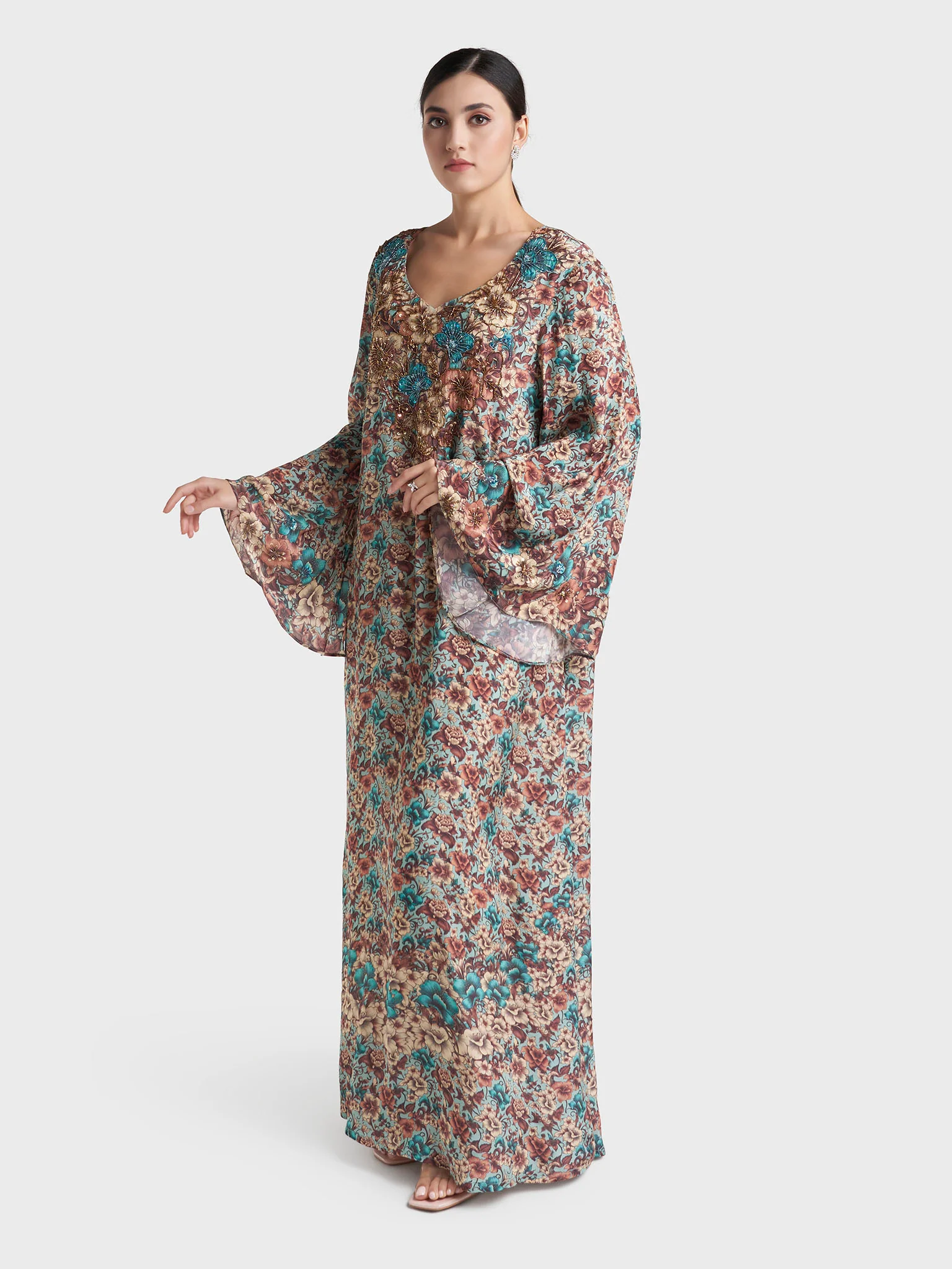 Chocolate Floral Print Hand Work Viscose Crepe Jalabiya (VG3128) - Image 3