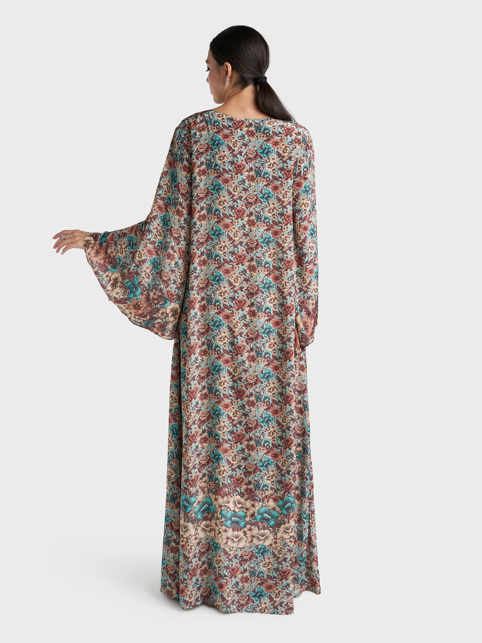 Chocolate Floral Print Hand Work Viscose Crepe Jalabiya (VG3128) - Image 4