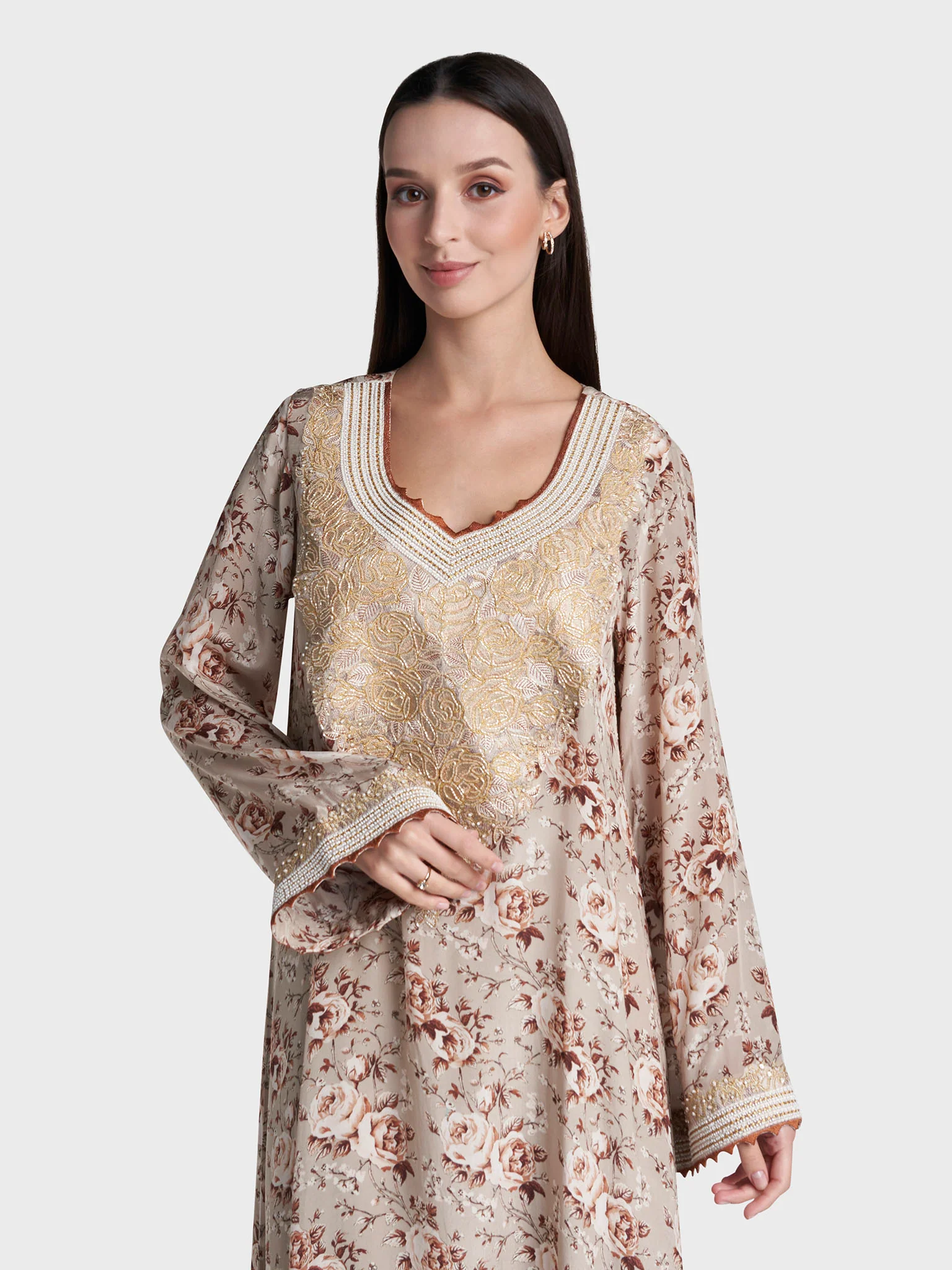 Beige Colour Floral Print Viscose Crepe Hand Work Jalabiya (VG3134)