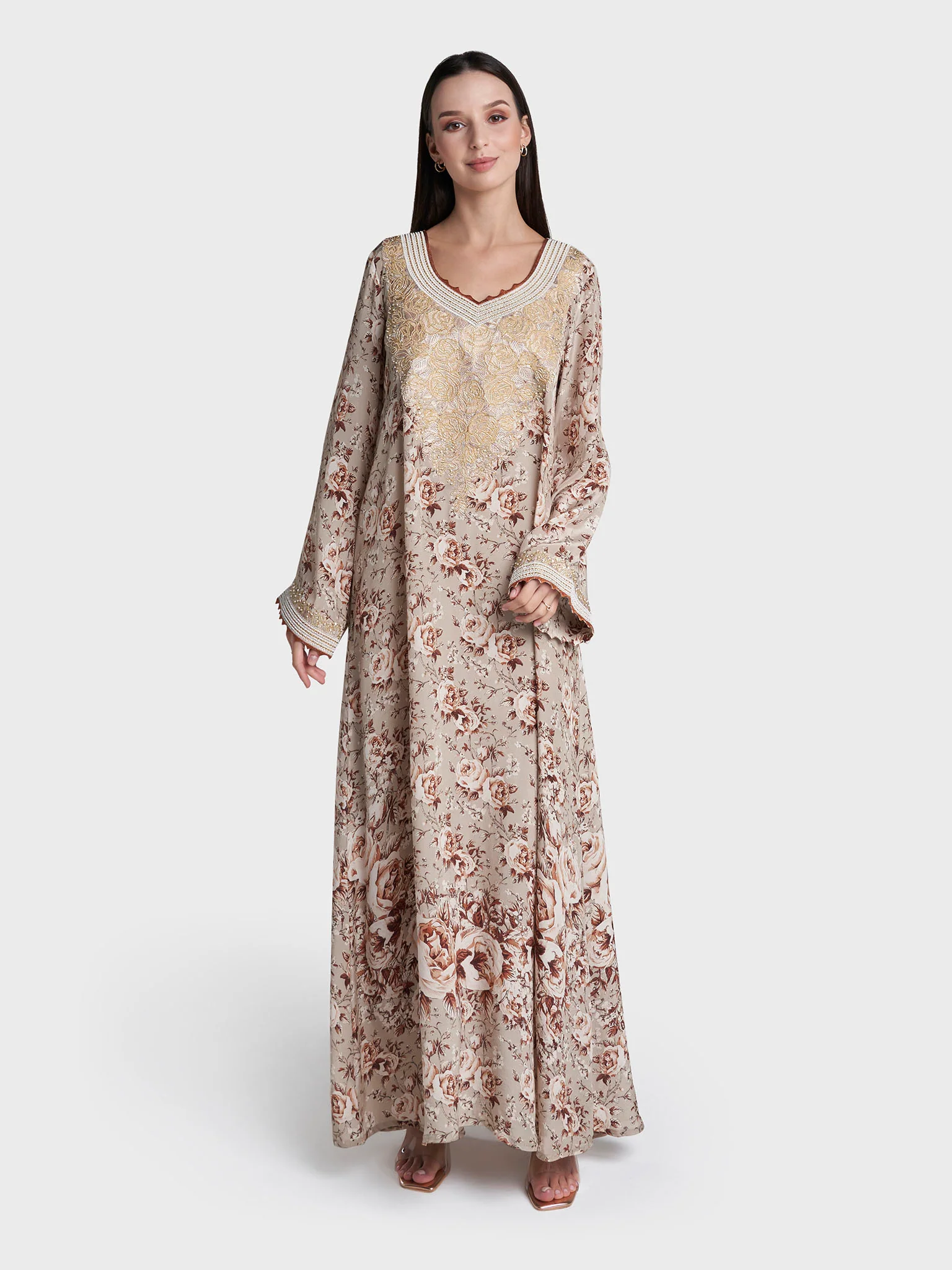 Beige Colour Floral Print Viscose Crepe Hand Work Jalabiya (VG3134) - Image 2