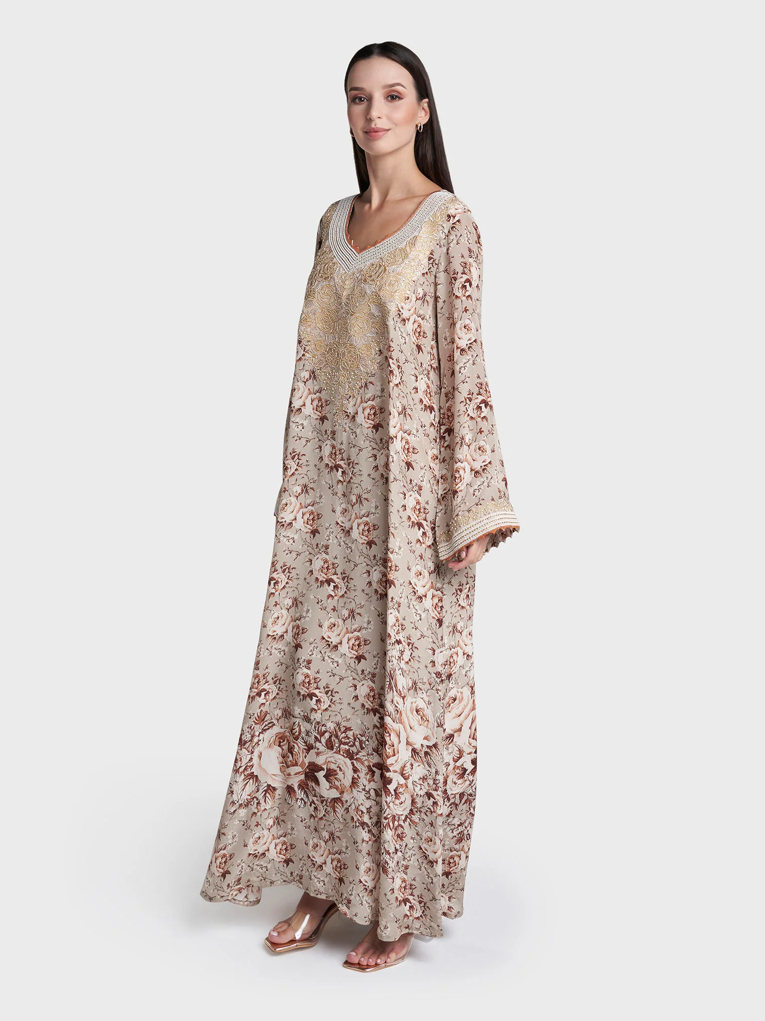 Beige Colour Floral Print Viscose Crepe Hand Work Jalabiya (VG3134) - Image 3
