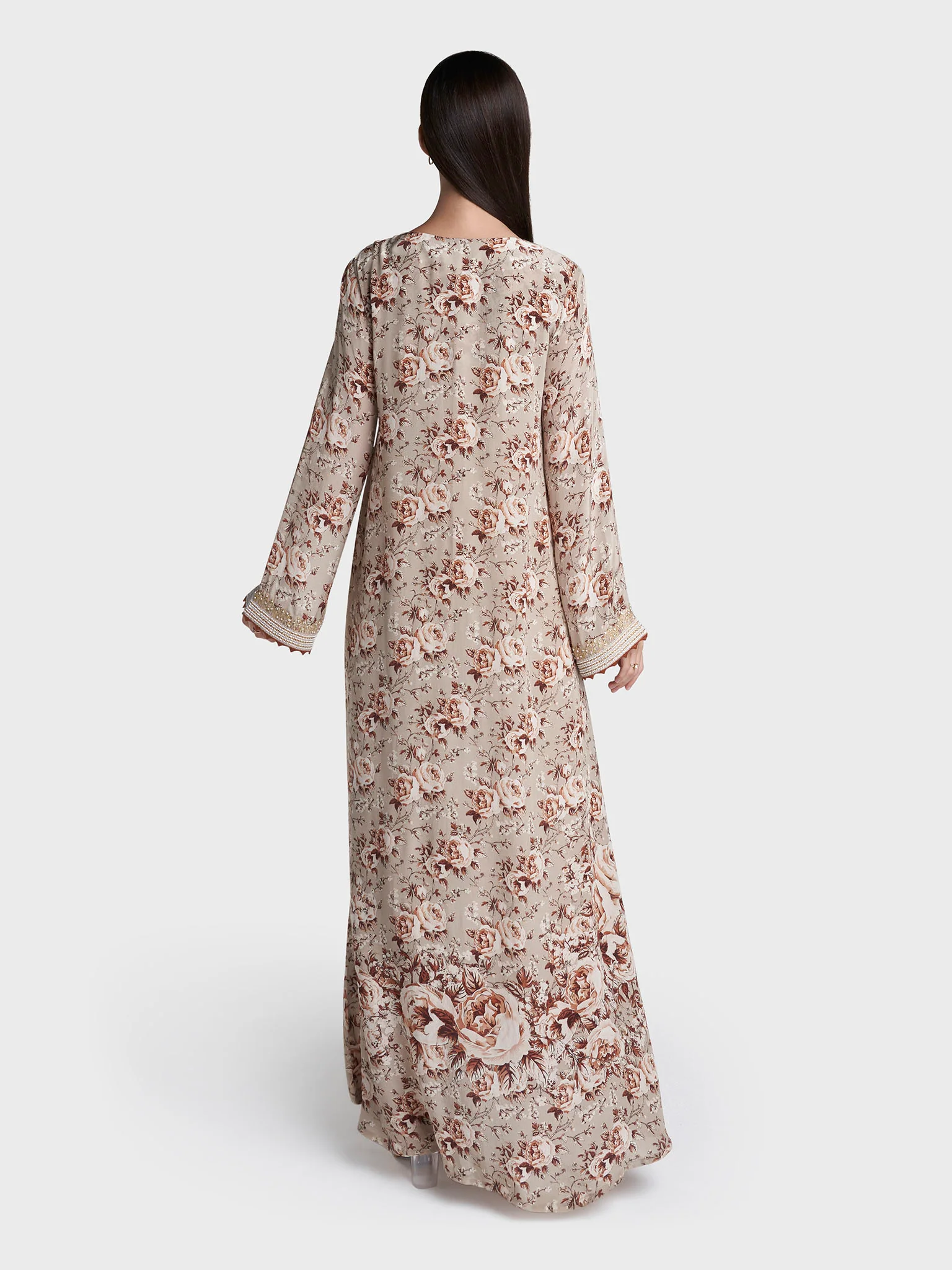 Beige Colour Floral Print Viscose Crepe Hand Work Jalabiya (VG3134) - Image 4