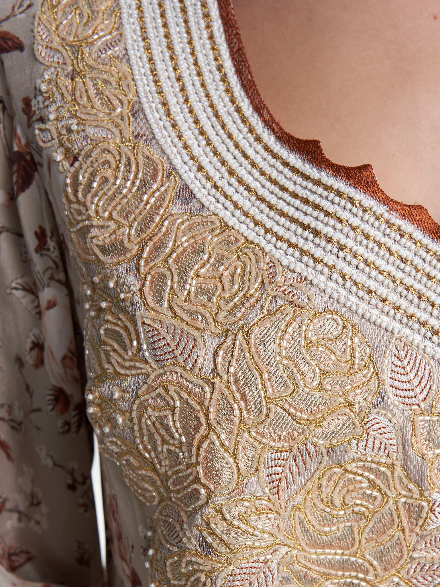 Beige Colour Floral Print Viscose Crepe Hand Work Jalabiya (VG3134) - Image 5