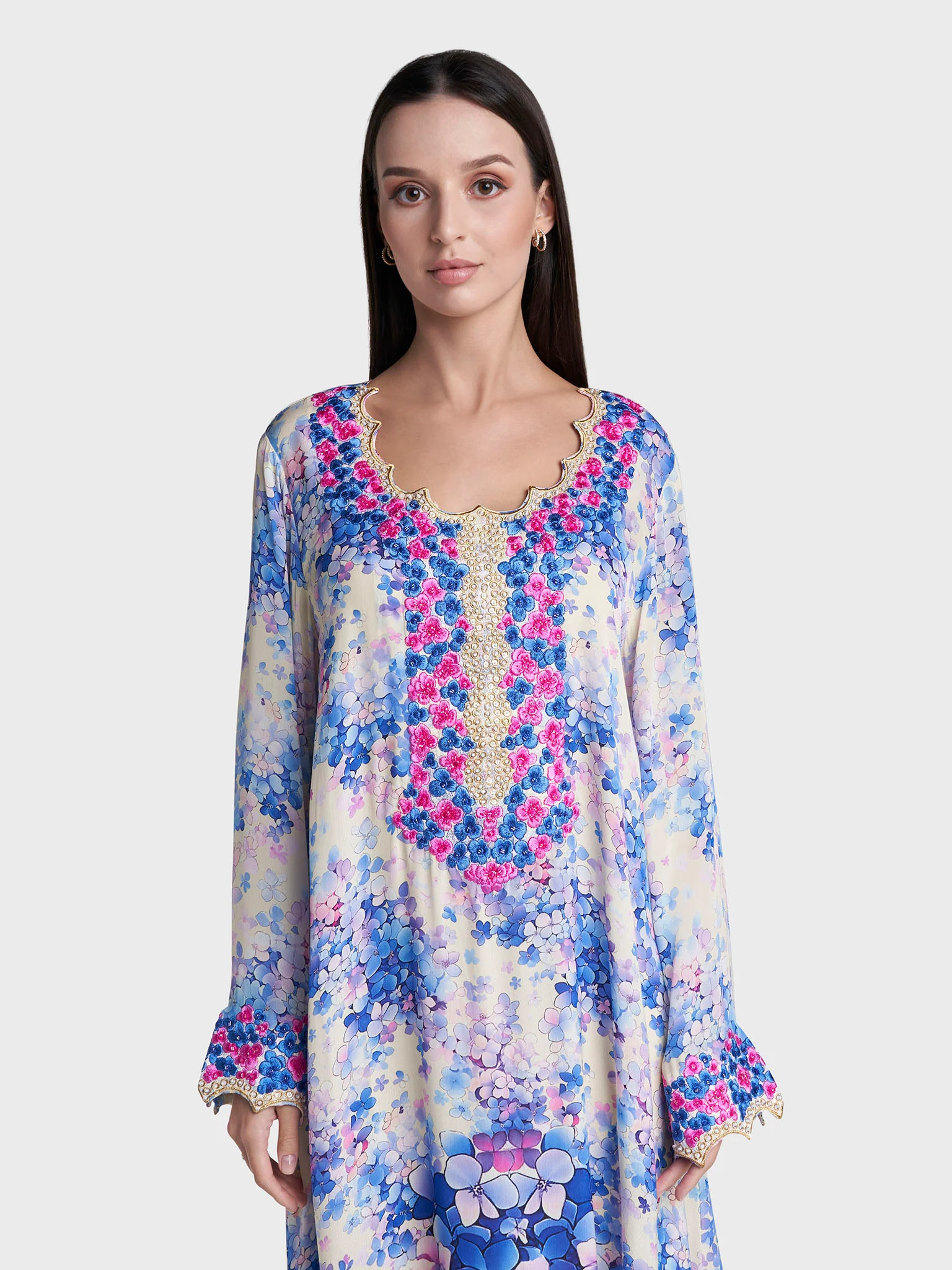 Blue Colour Floral Print Viscose Crepe Hand Work Jalabiya (VG3136)