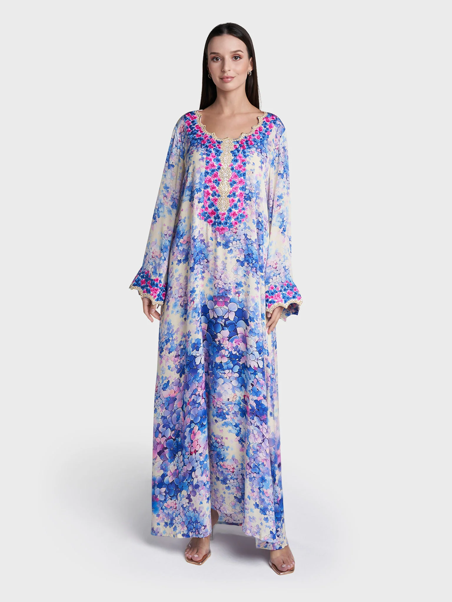 Blue Colour Floral Print Viscose Crepe Hand Work Jalabiya (VG3136) - Image 2