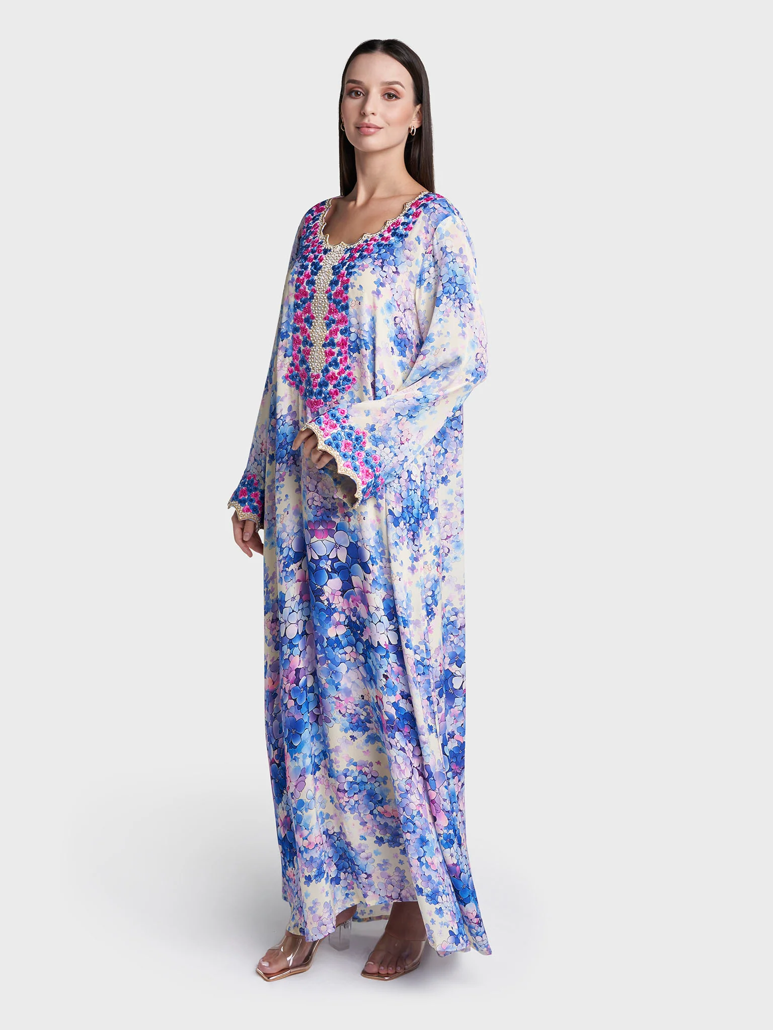 Blue Colour Floral Print Viscose Crepe Hand Work Jalabiya (VG3136) - Image 3