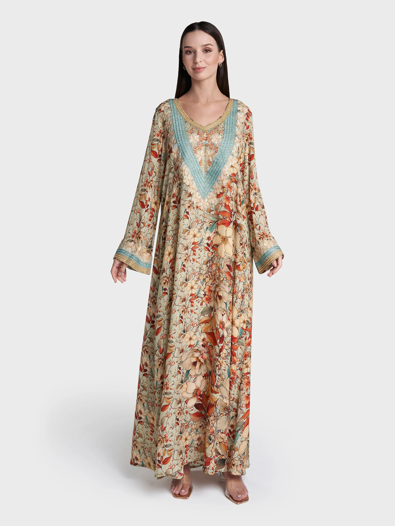 Sage Colour Floral Print Viscose Crepe Hand Work Jalabiya (VG3137) - Image 2