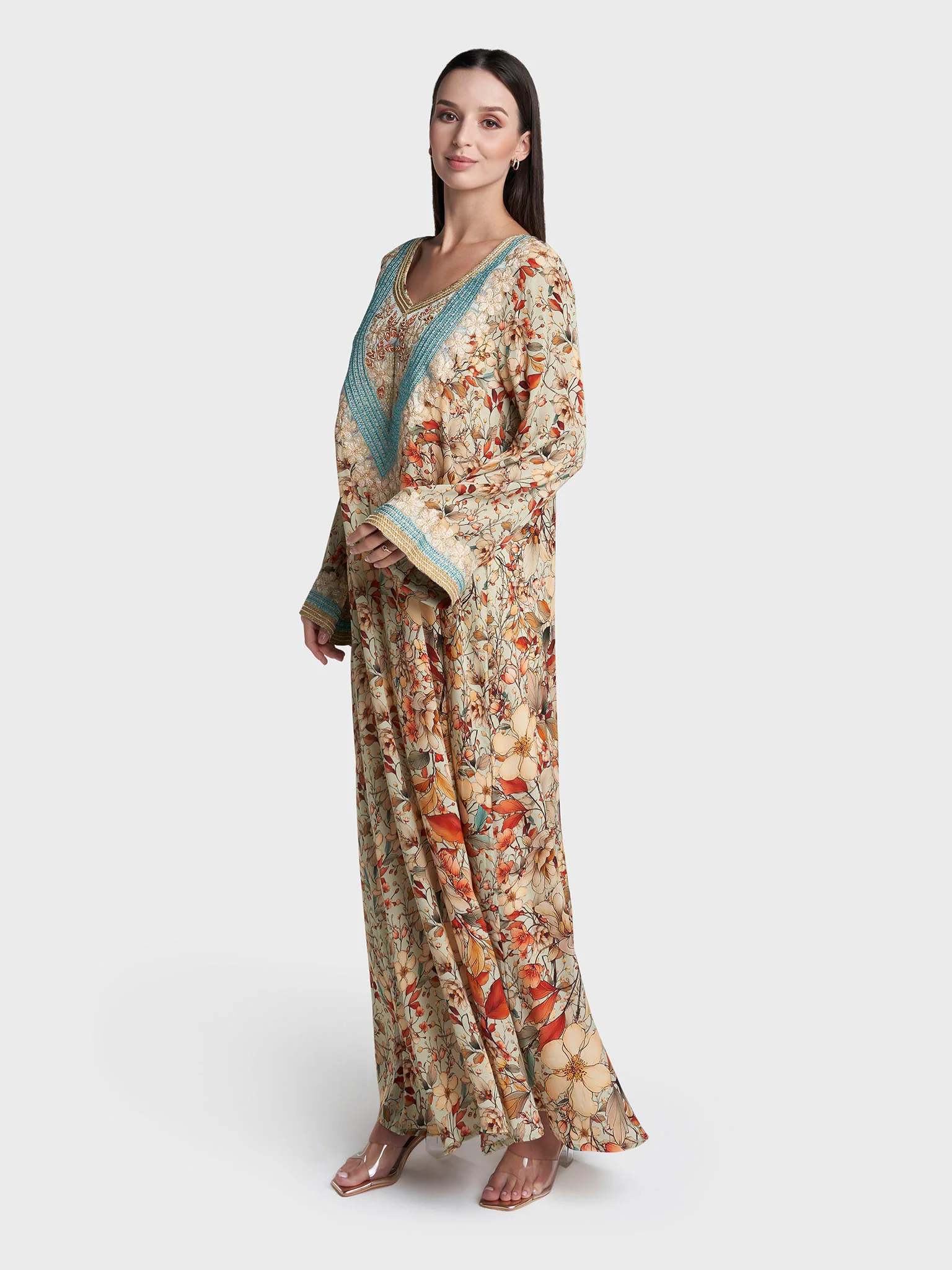 Sage Colour Floral Print Viscose Crepe Hand Work Jalabiya (VG3137) - Image 3