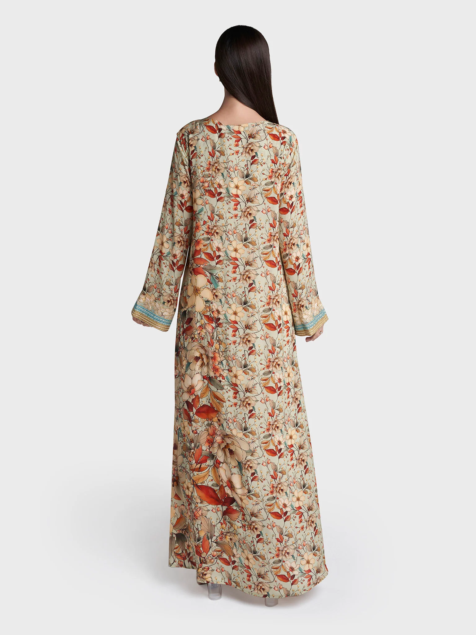 Sage Colour Floral Print Viscose Crepe Hand Work Jalabiya (VG3137) - Image 4