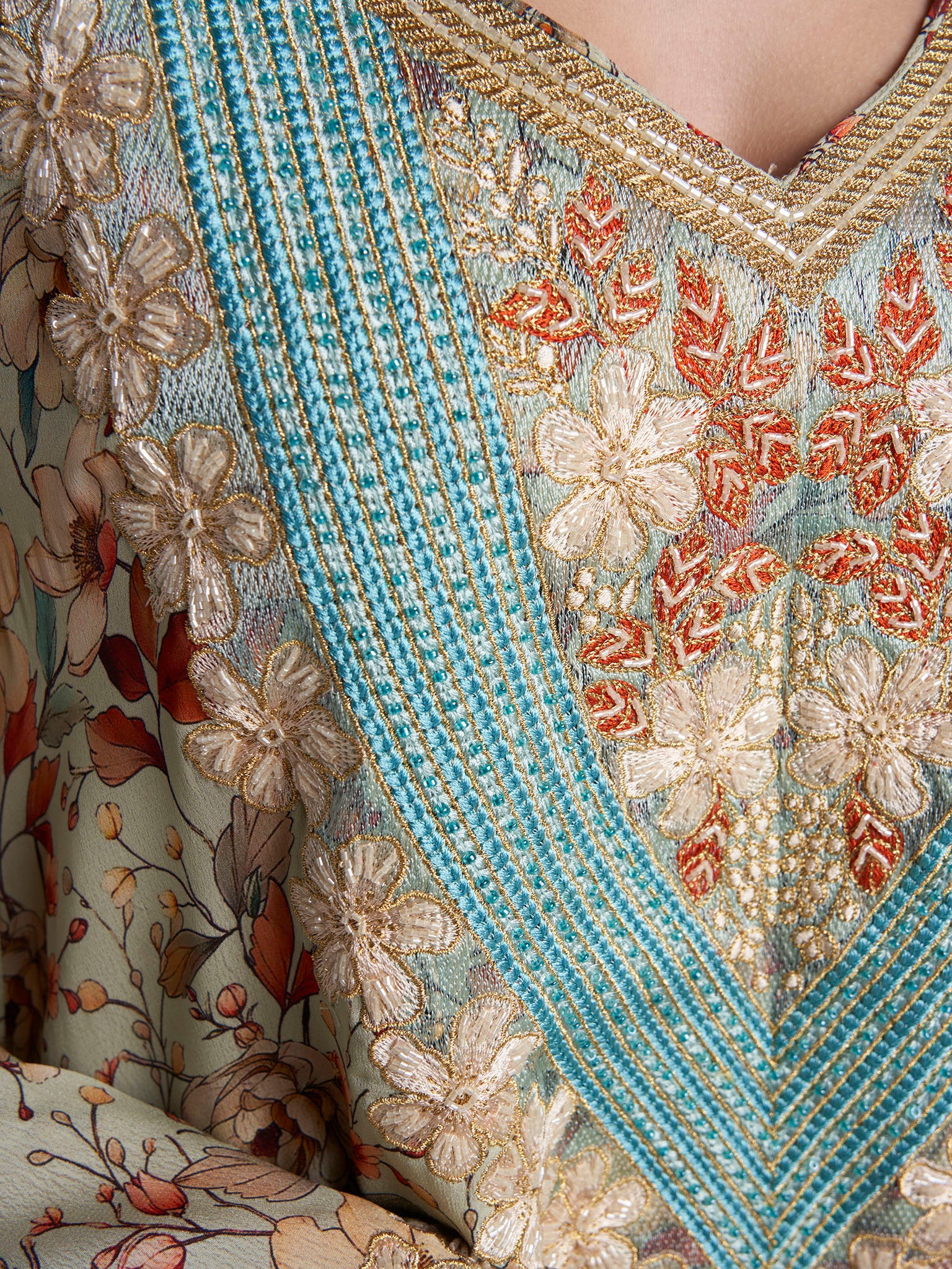 Sage Colour Floral Print Viscose Crepe Hand Work Jalabiya (VG3137) - Image 5