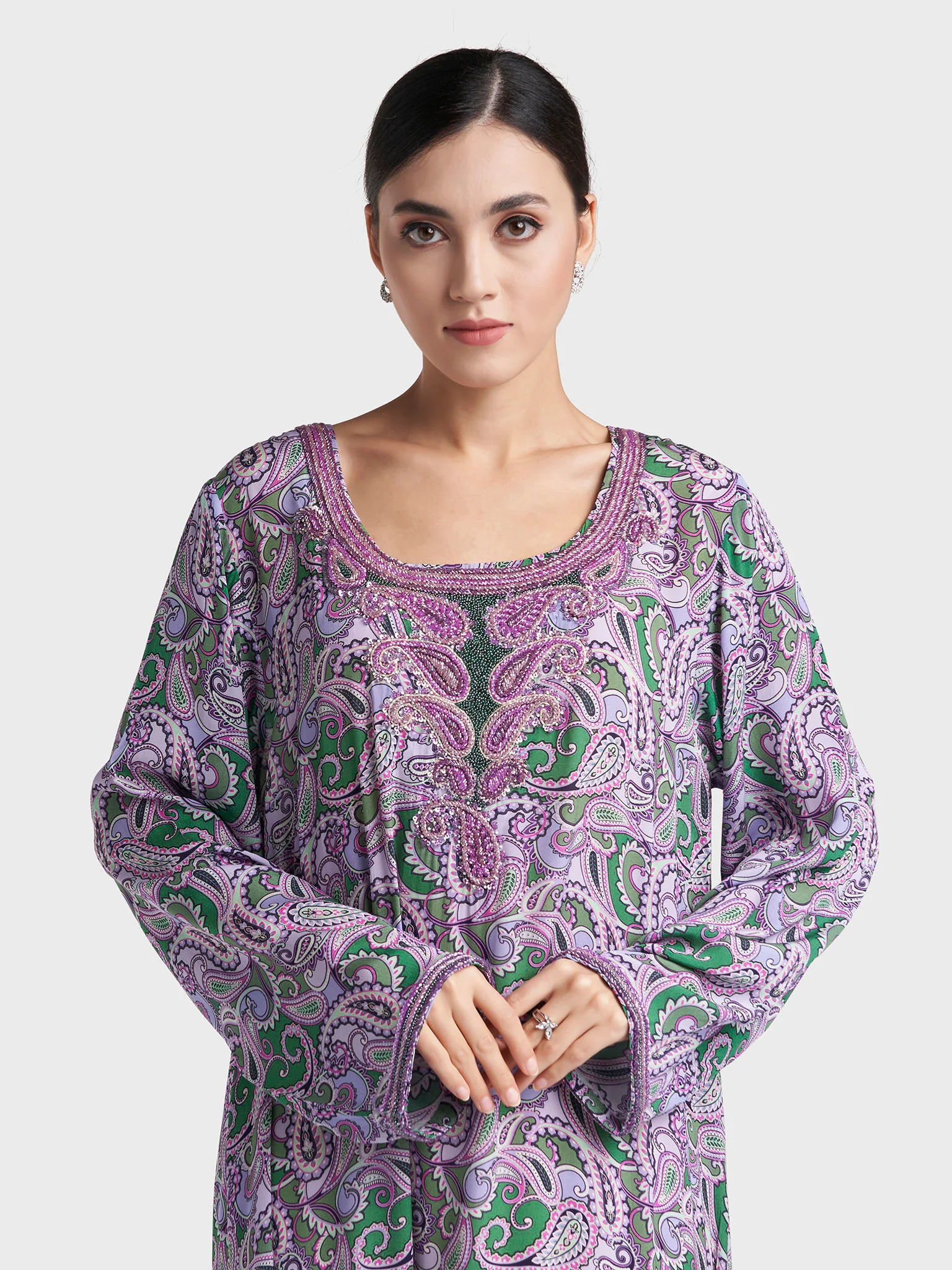 Lilac Paisley Print Hand Work Viscose Crepe Jalabiya (VG3140)