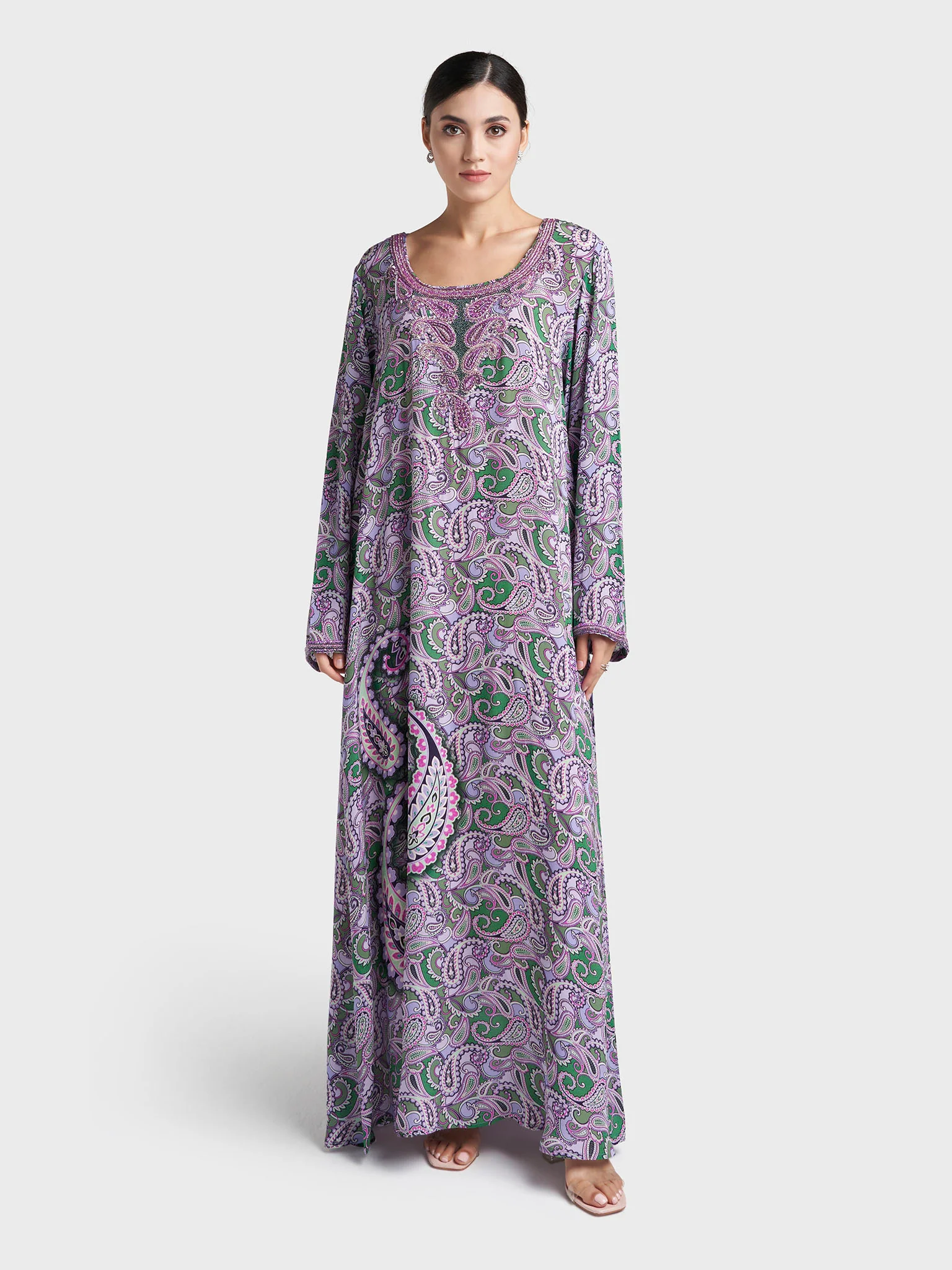 Lilac Paisley Print Hand Work Viscose Crepe Jalabiya (VG3140) - Image 2