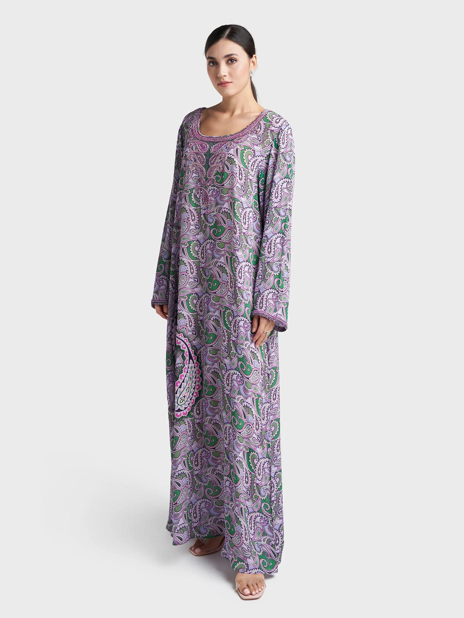 Lilac Paisley Print Hand Work Viscose Crepe Jalabiya (VG3140) - Image 3