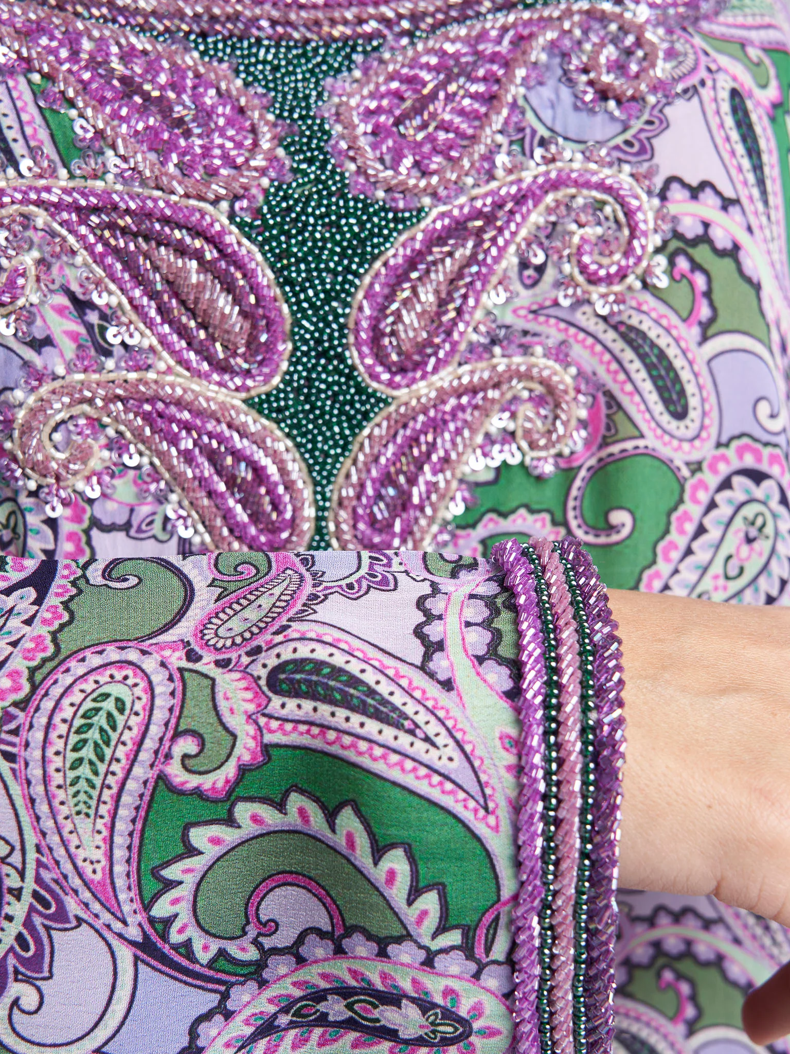 Lilac Paisley Print Hand Work Viscose Crepe Jalabiya (VG3140) - Image 5