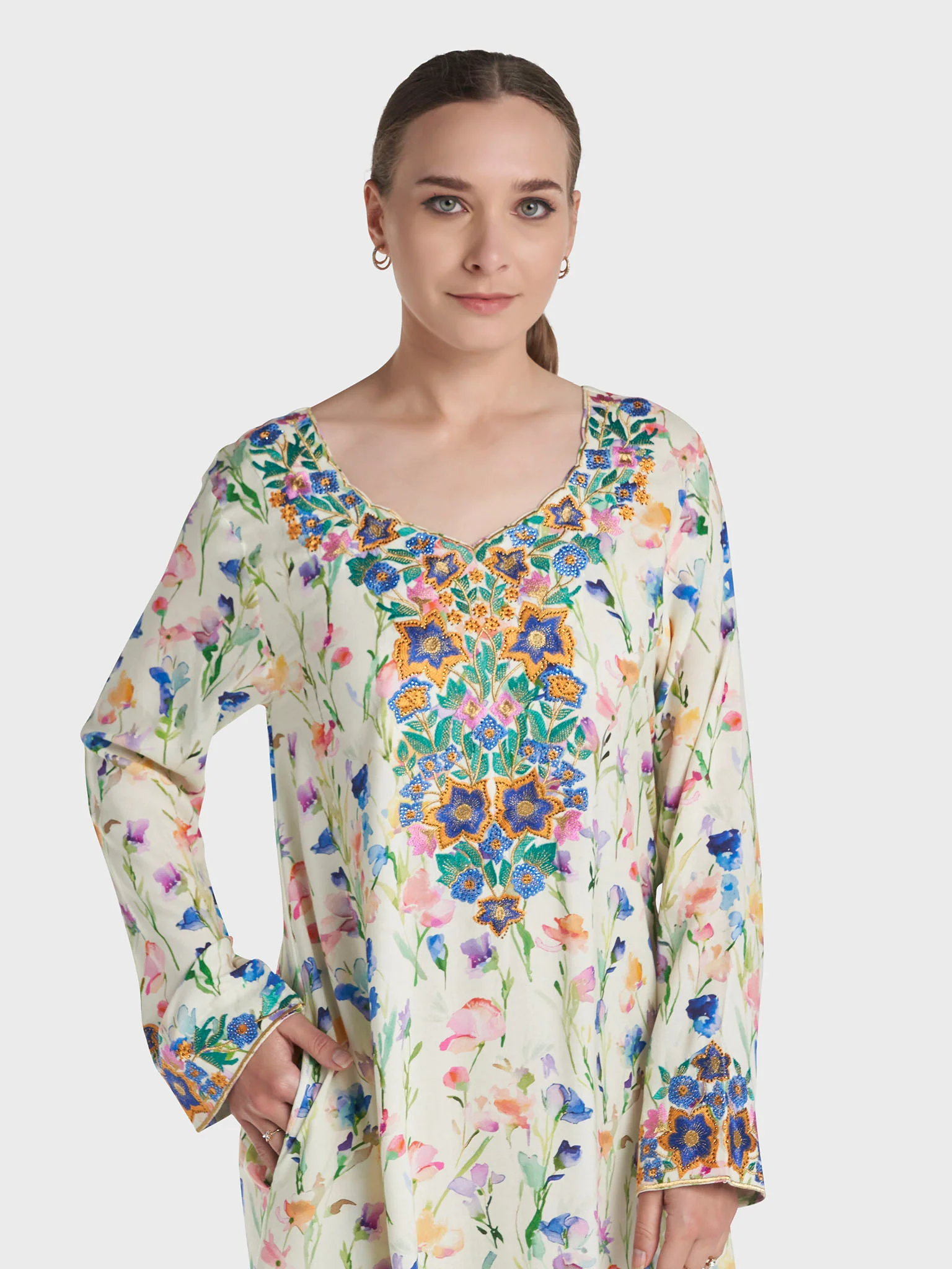 Cream Colour Stone Work Rayon Floral Printed Jalabiya (VG3216)