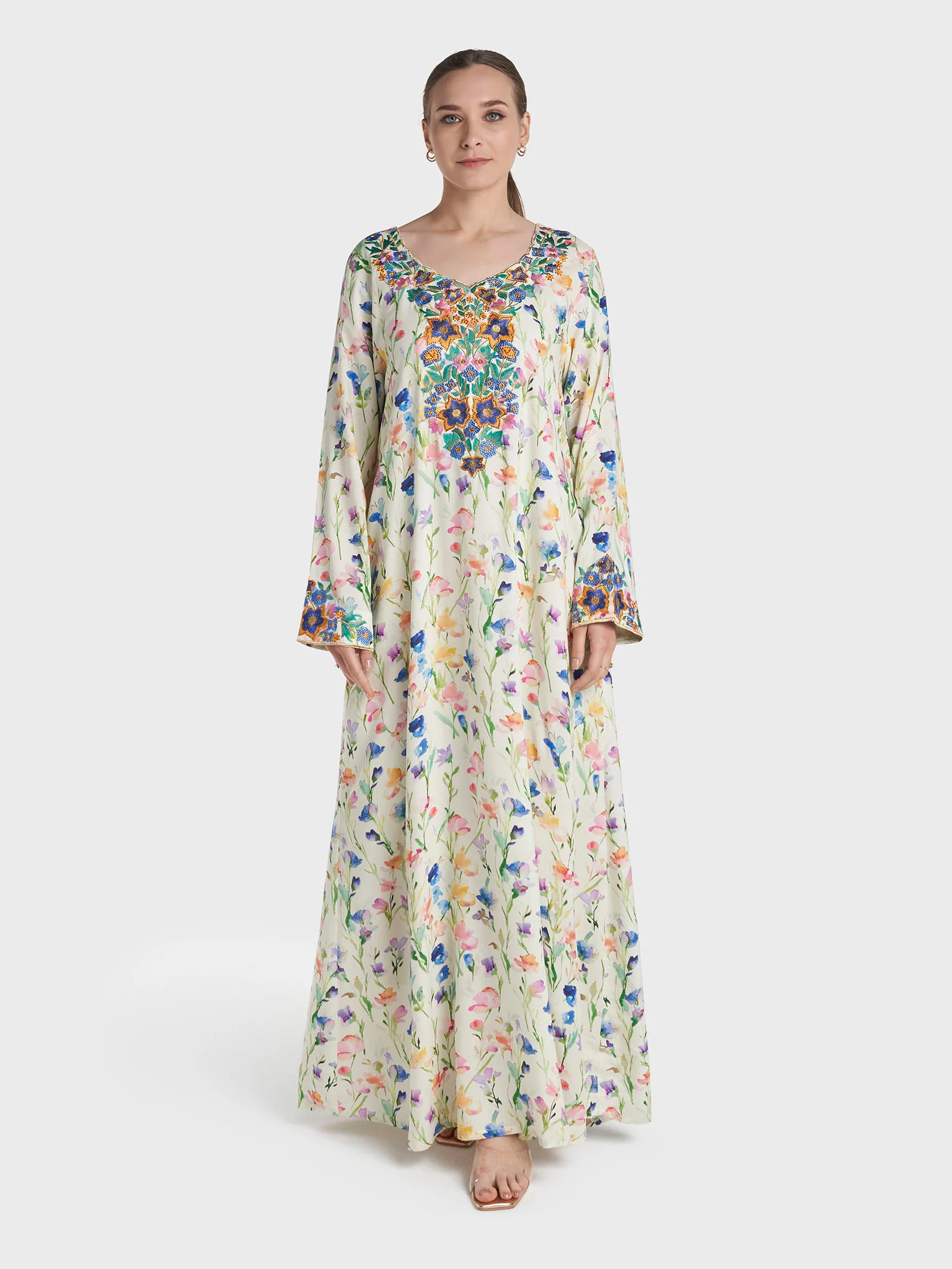 Cream Colour Stone Work Rayon Floral Printed Jalabiya (VG3216) - Image 2