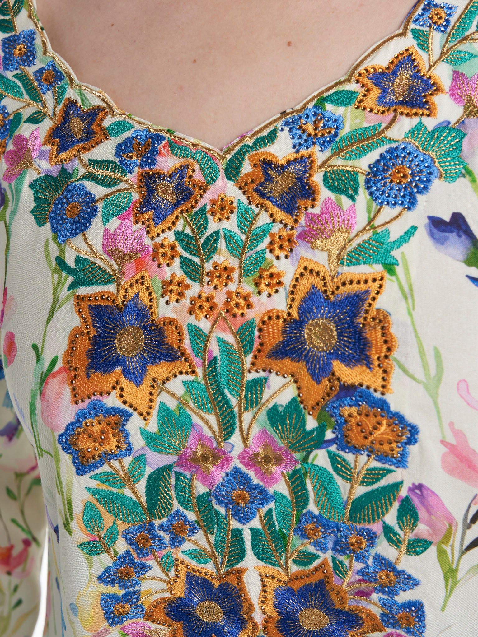 Cream Colour Stone Work Rayon Floral Printed Jalabiya (VG3216) - Image 5