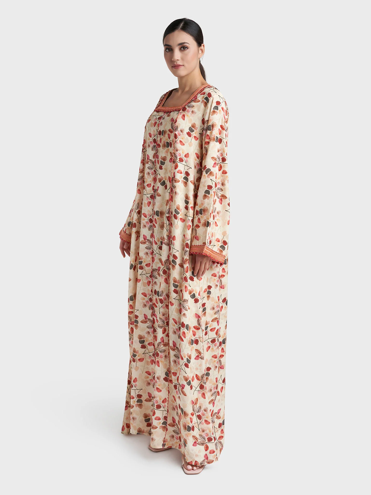 Cream Leaf Print Crochet Rayon Jalabiya (VG3222) - Image 3