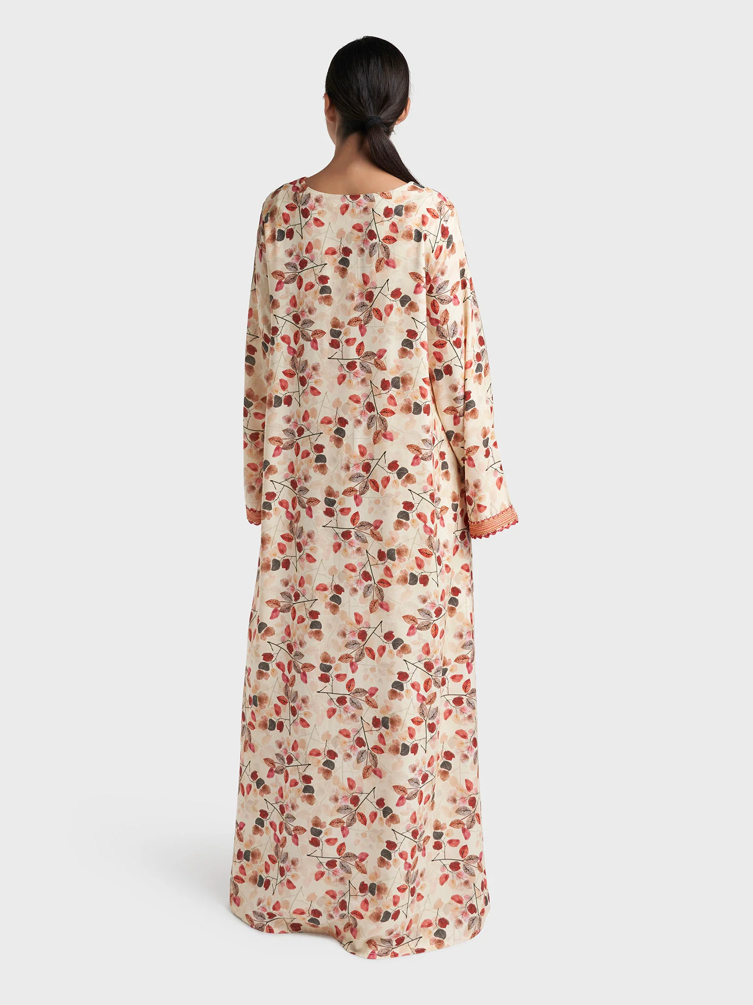 Cream Leaf Print Crochet Rayon Jalabiya (VG3222) - Image 4