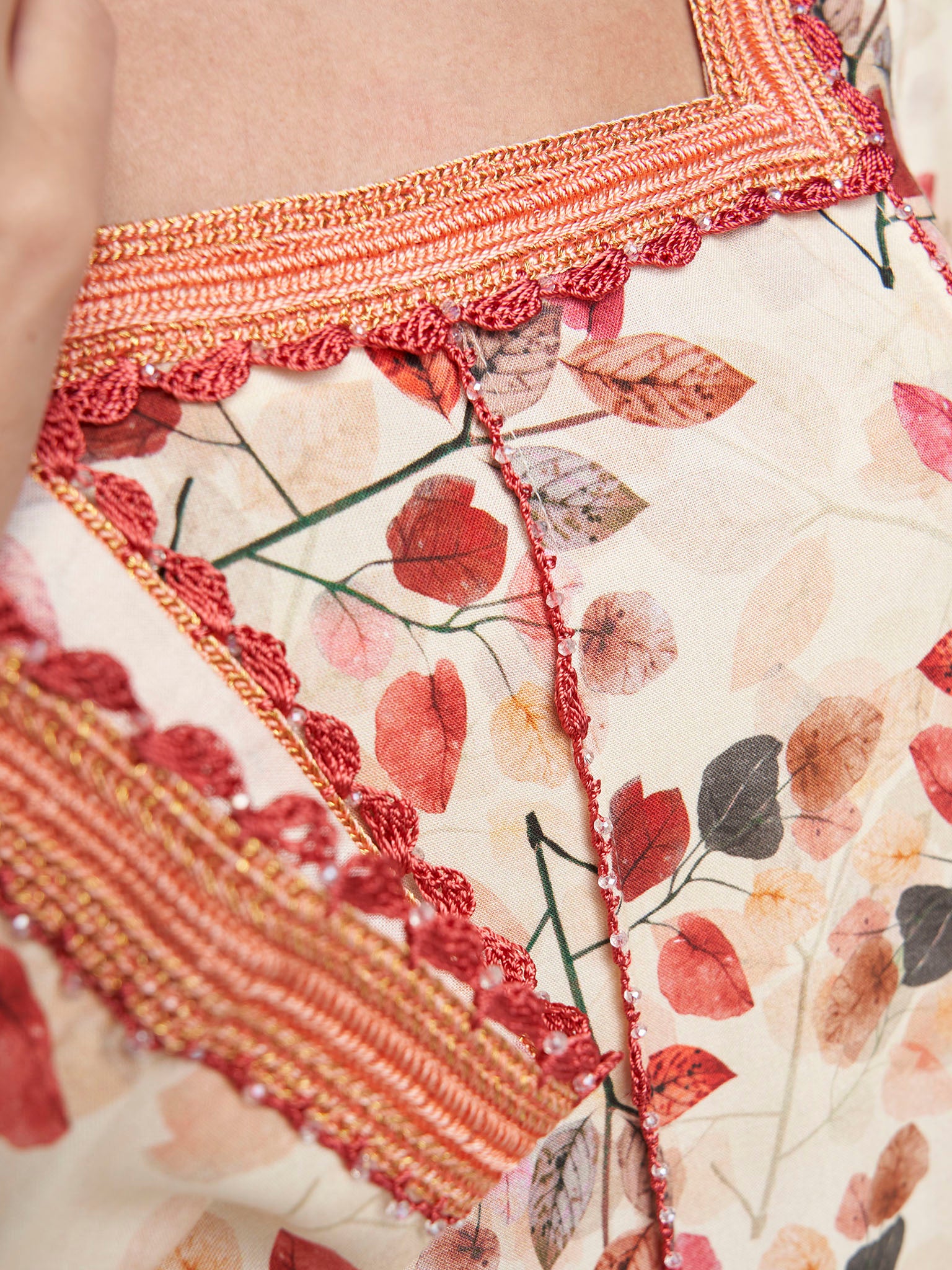 Cream Leaf Print Crochet Rayon Jalabiya (VG3222) - Image 5