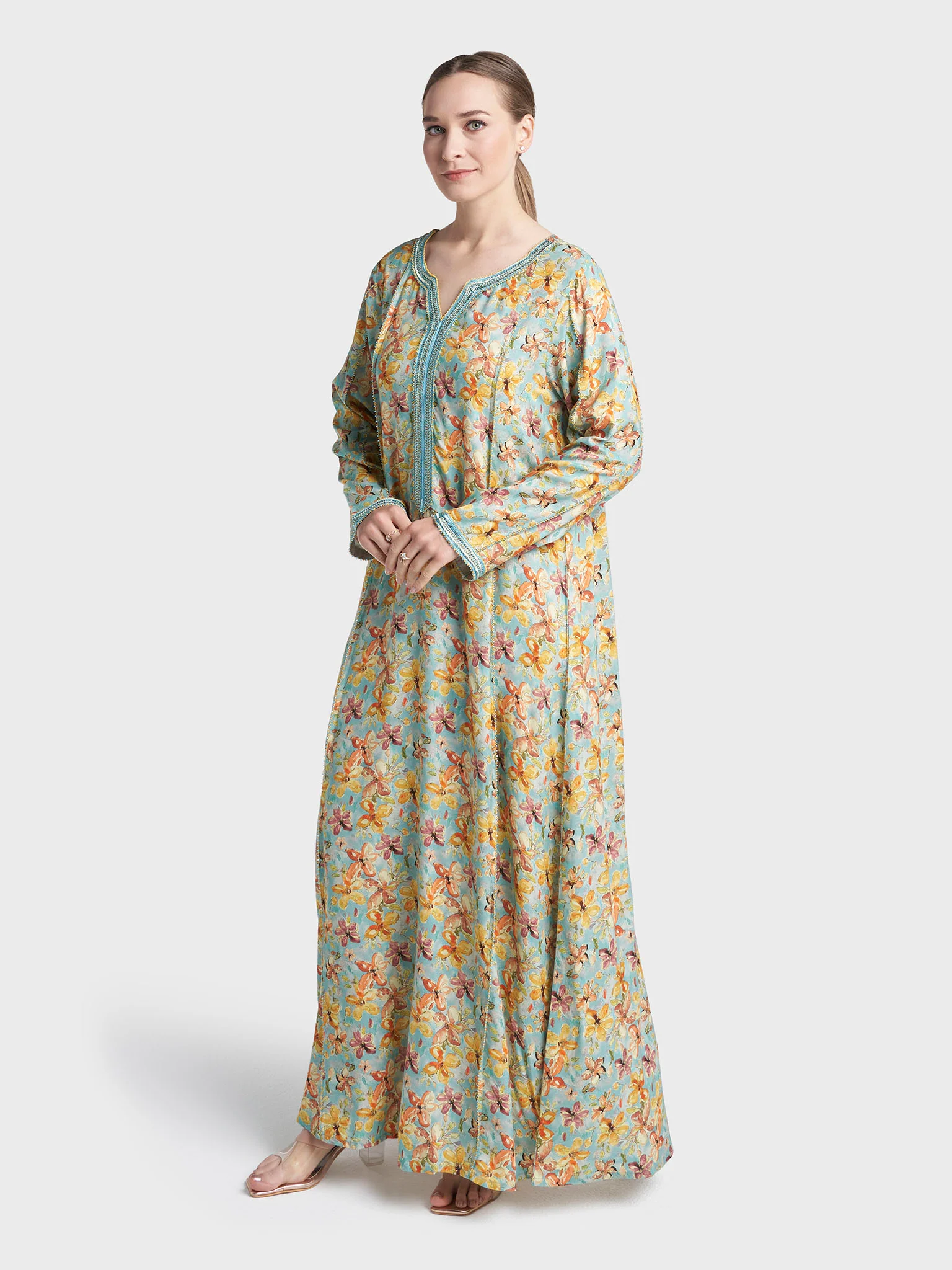 Light Blue Colour Hand Work Rayon Floral Printed Jalabiya (VG3223) - Image 3