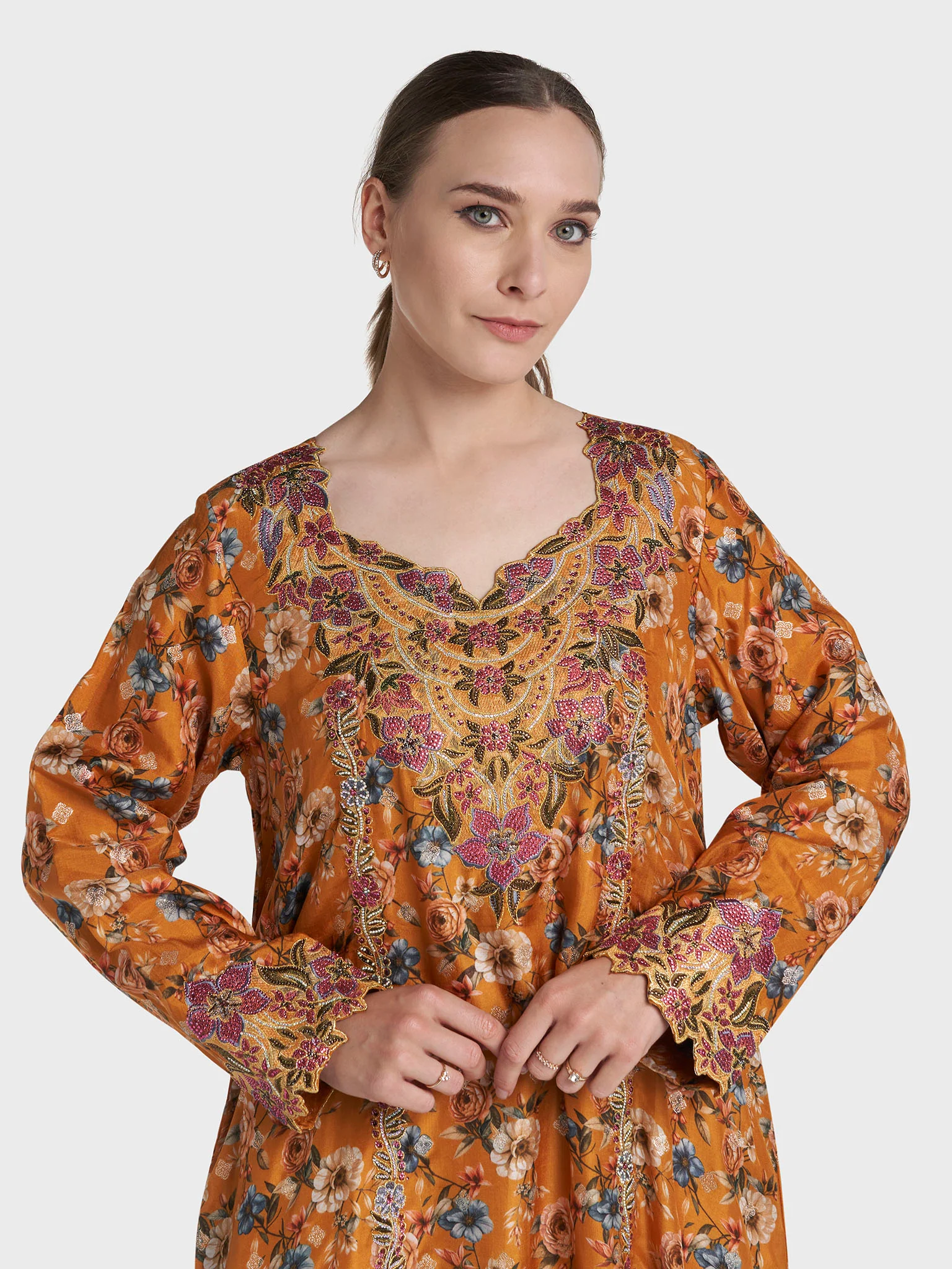 Mustard Colour Stone Work Viscose Crepe Floral Printed Jalabiya (VG3266)