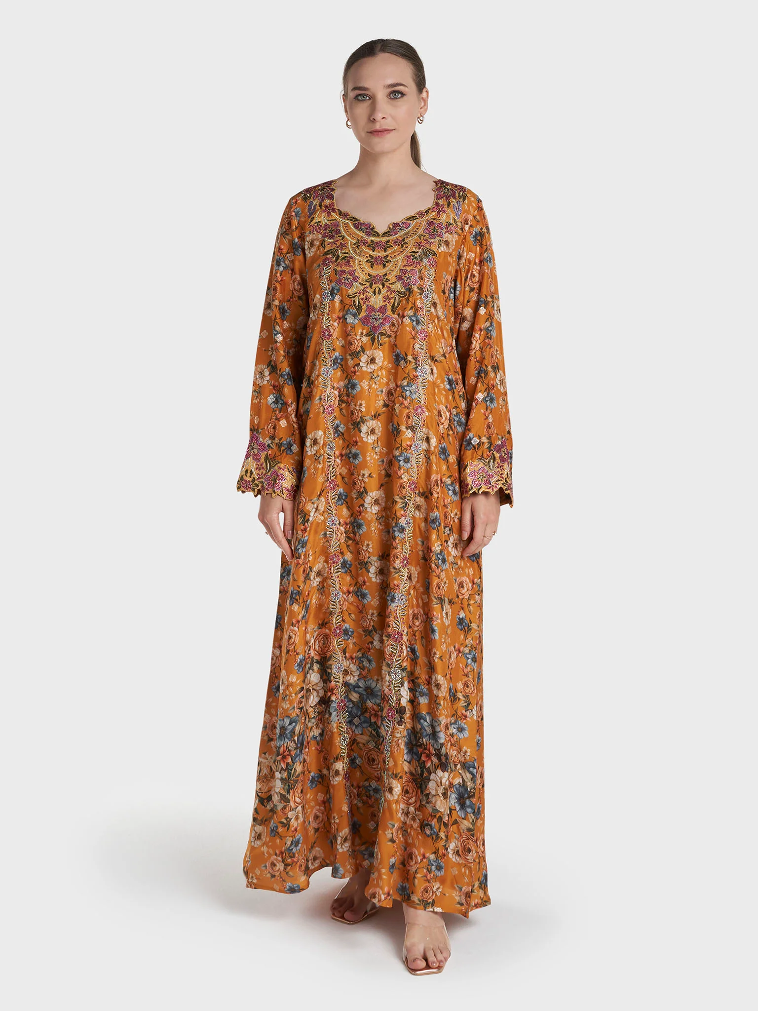 Mustard Colour Stone Work Viscose Crepe Floral Printed Jalabiya (VG3266) - Image 2
