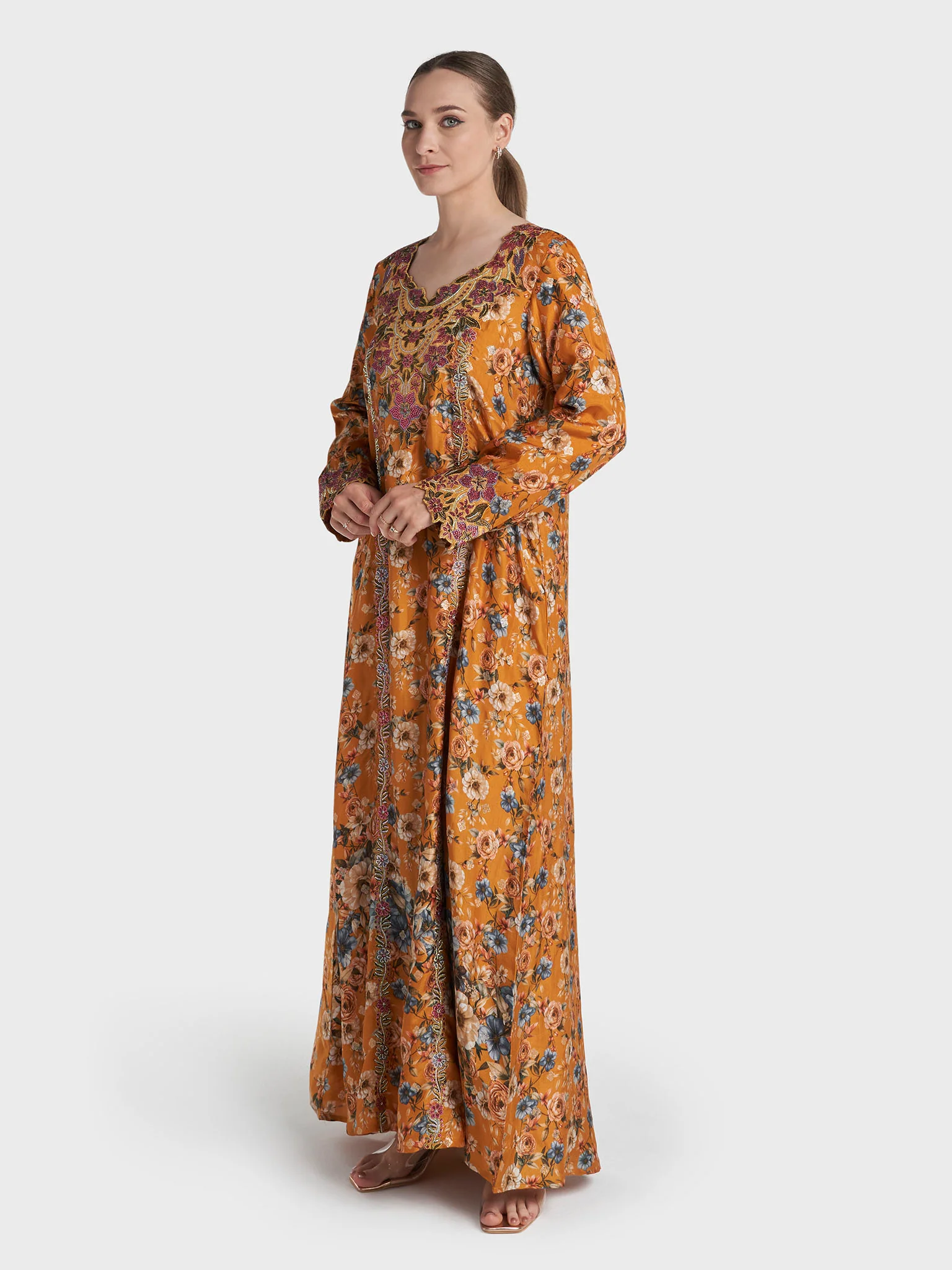 Mustard Colour Stone Work Viscose Crepe Floral Printed Jalabiya (VG3266) - Image 3