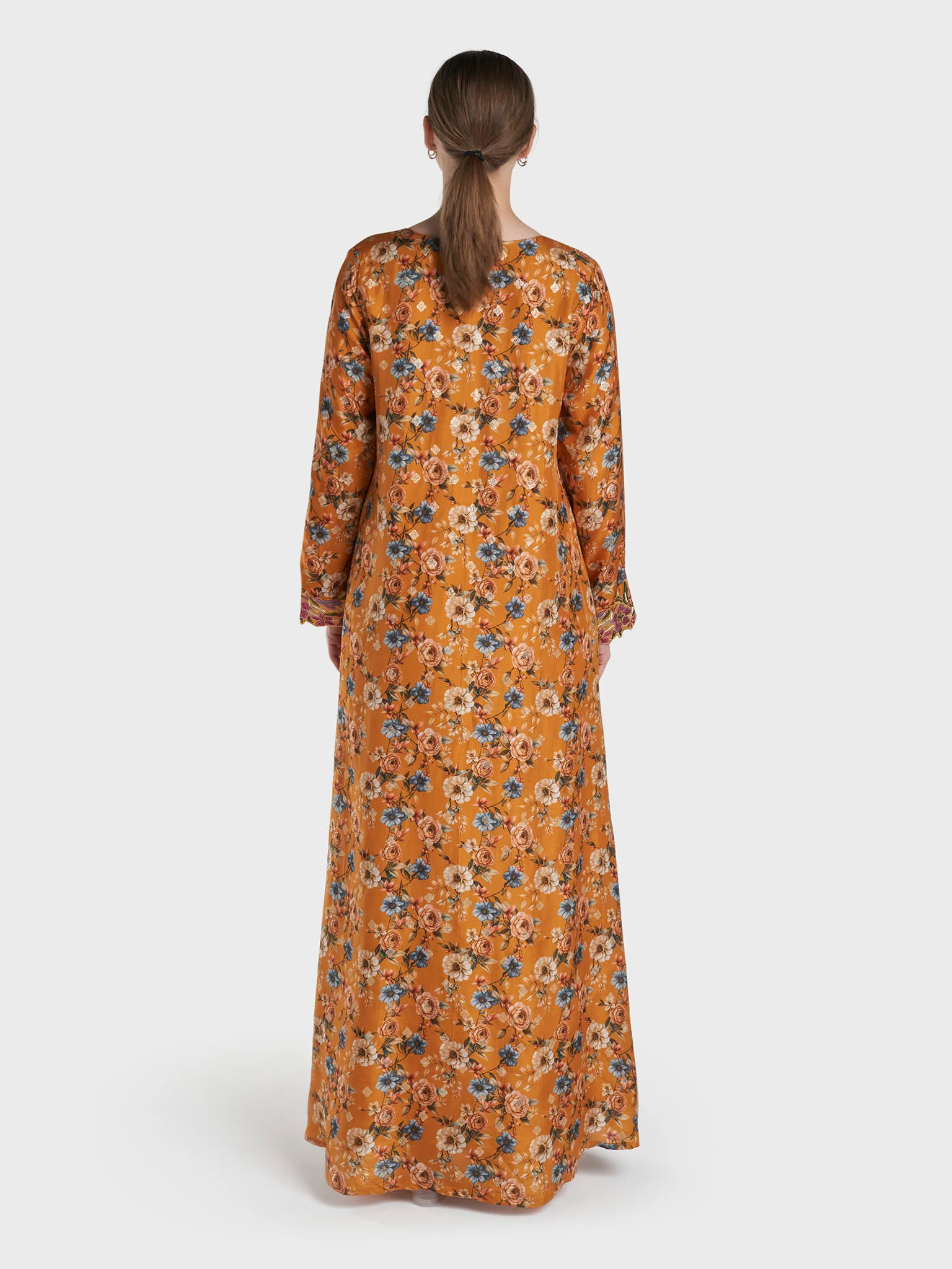 Mustard Colour Stone Work Viscose Crepe Floral Printed Jalabiya (VG3266) - Image 4