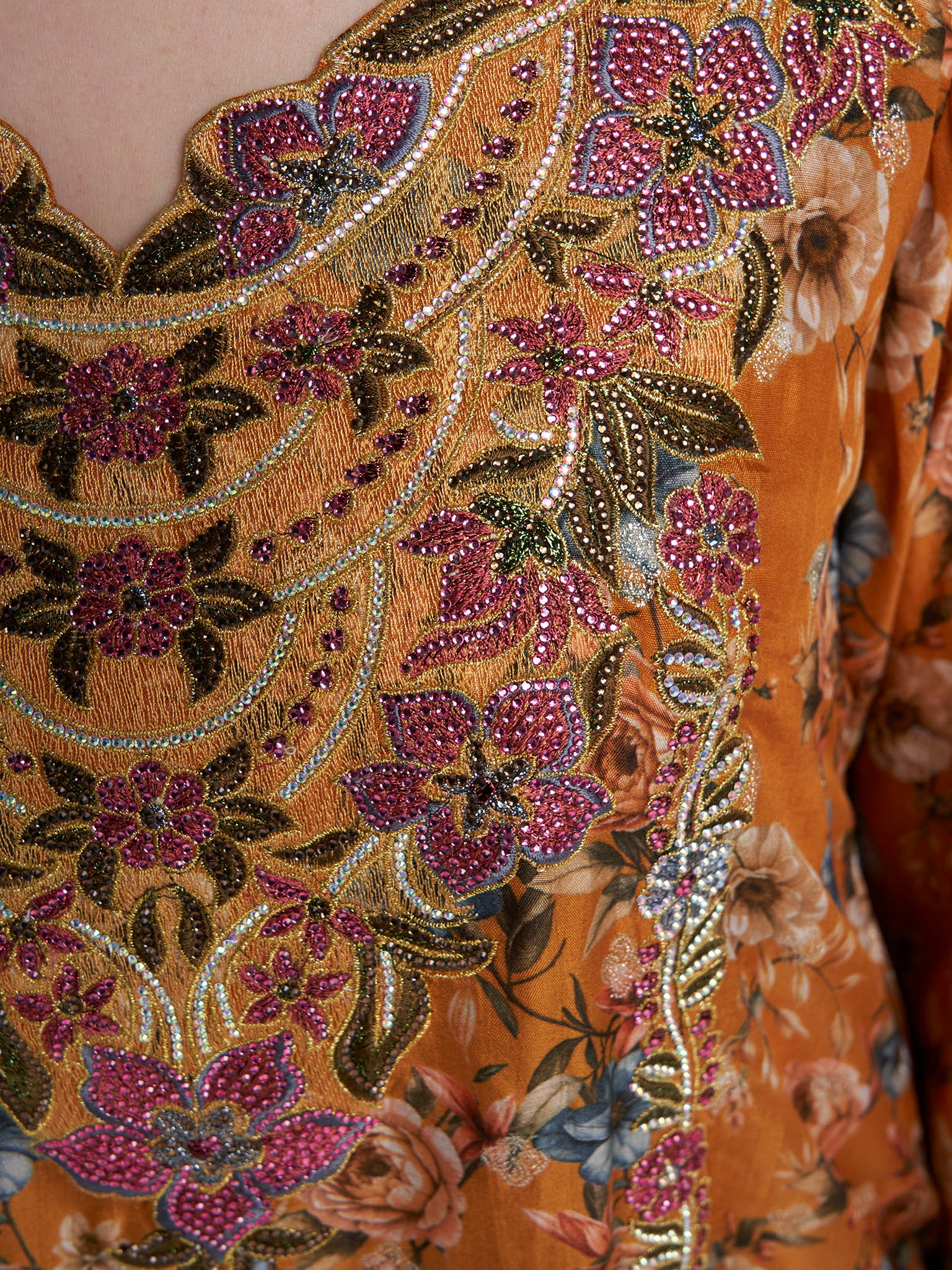 Mustard Colour Stone Work Viscose Crepe Floral Printed Jalabiya (VG3266) - Image 5