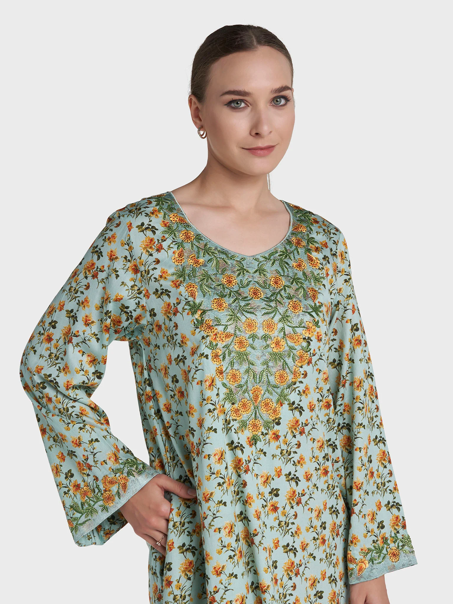 Pistachio Green Colour Stone Work Cotton Satin Floral Printed Jalabiya (VG3283)