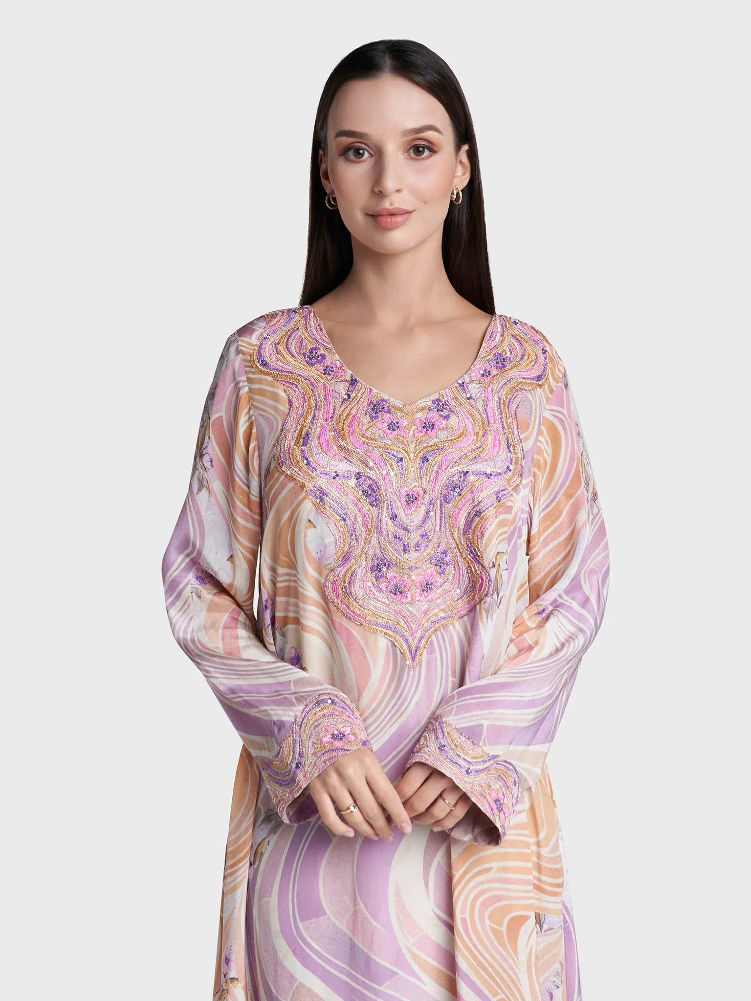 Multi Colour Geometric Print Viscose Crepe Hand Work Jalabiya (VG3303)