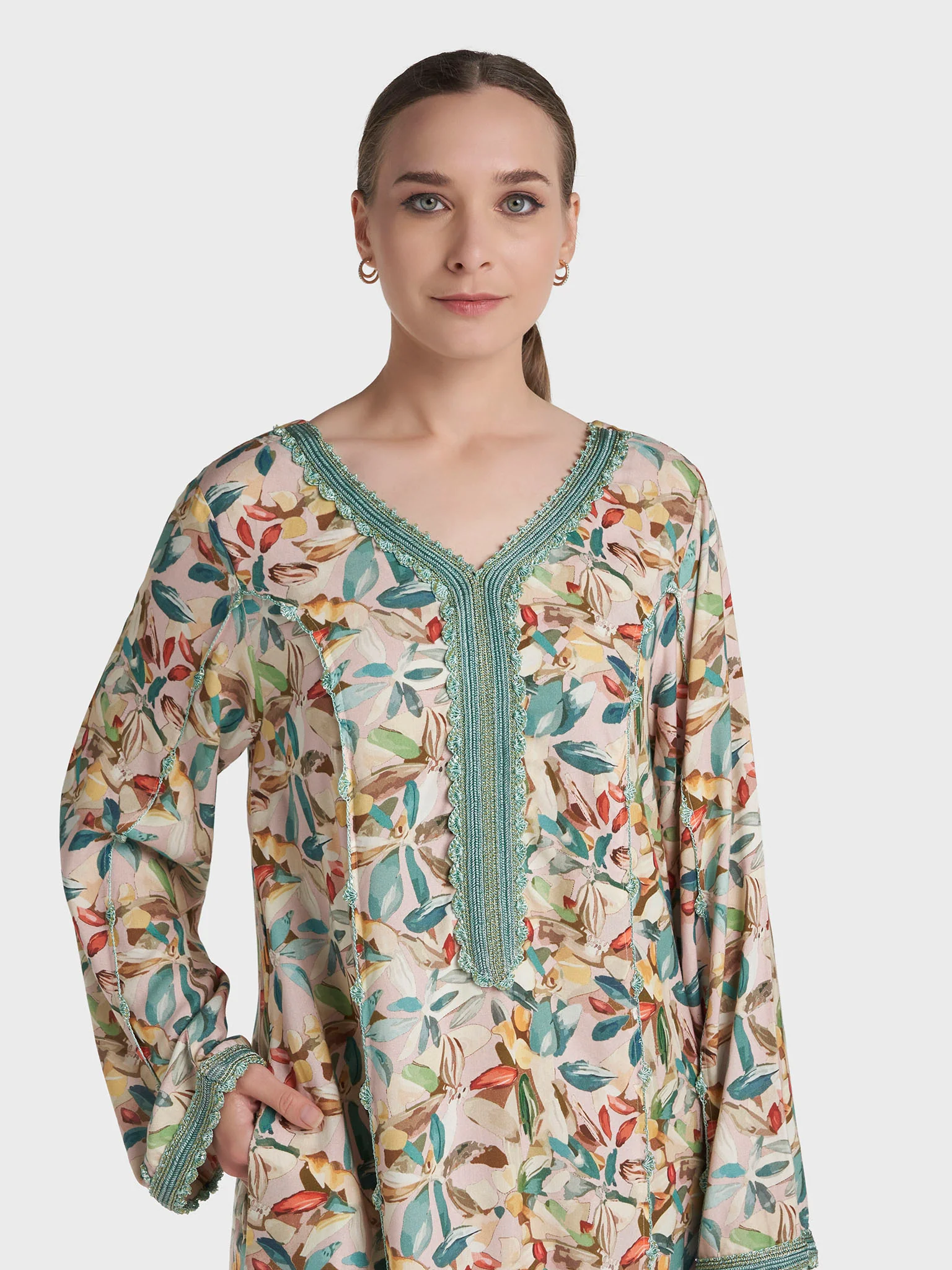 Multi Colour Lace Work Rayon Floral Printed Jalabiya (VG3316)
