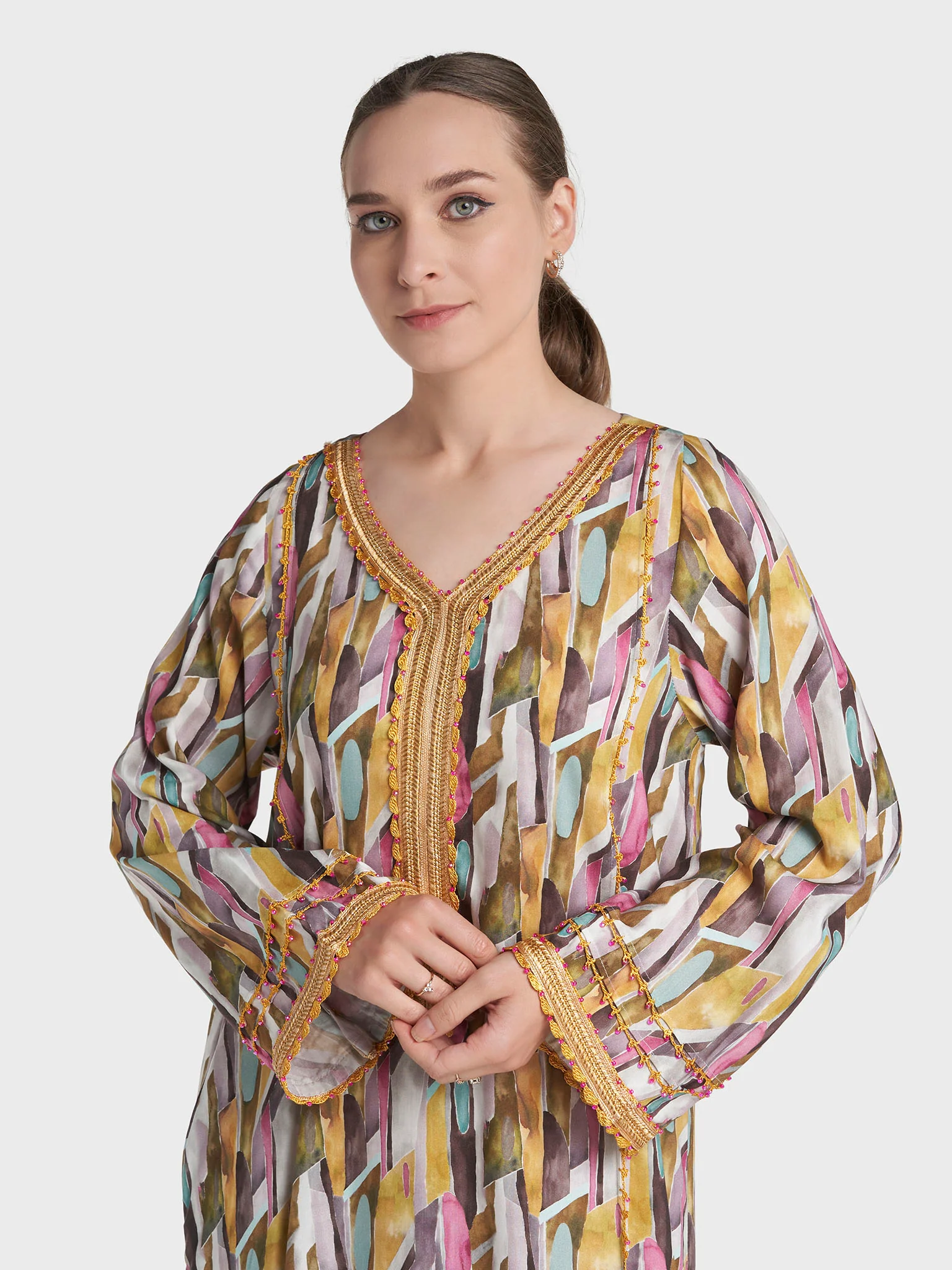 Multi Colour Lace Work Rayon Abstract Printed Jalabiya (VG3319)