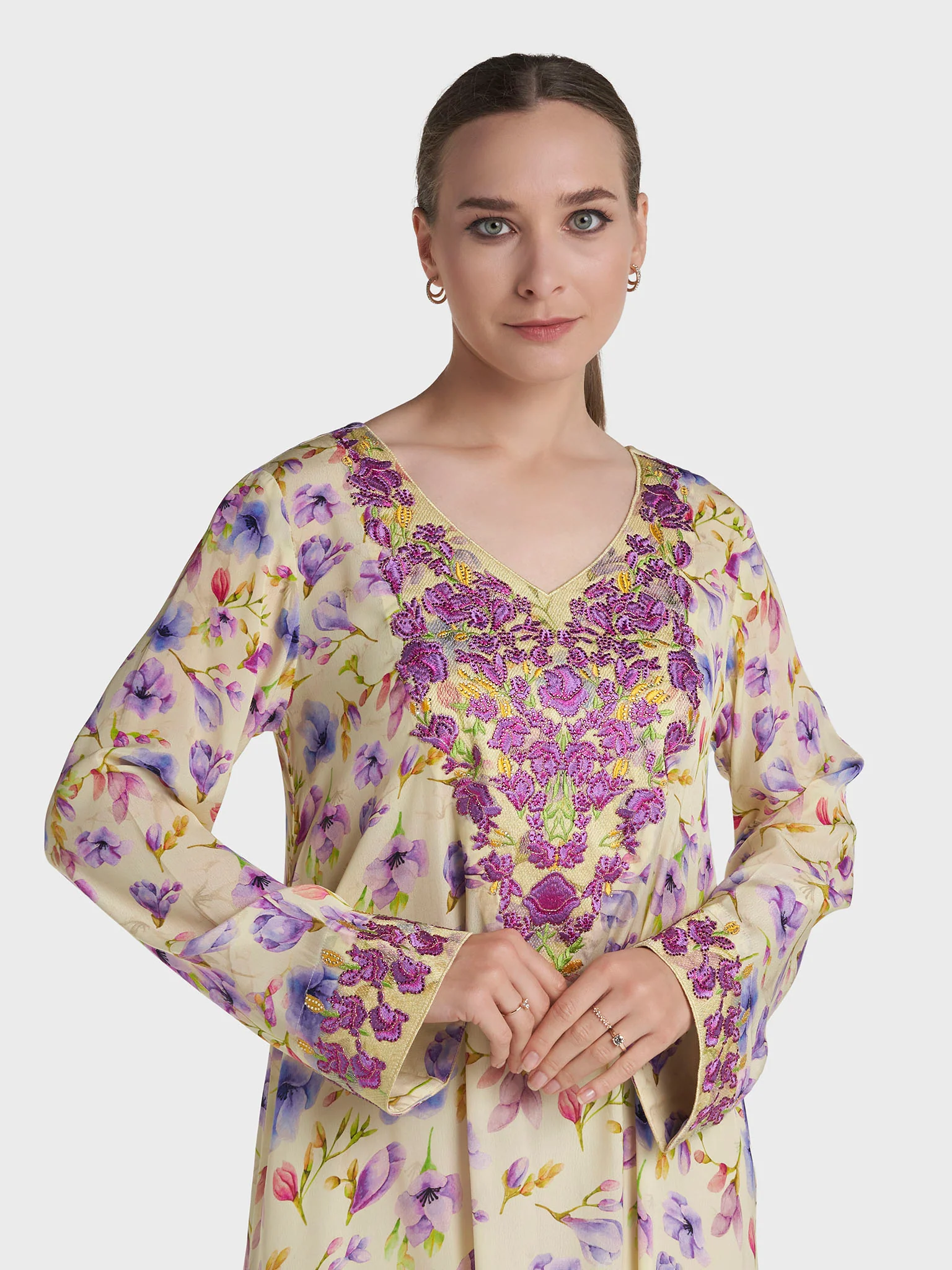 Yellow Colour Stone Work Viscose Crepe Floral Printed Jalabiya (VG3336)