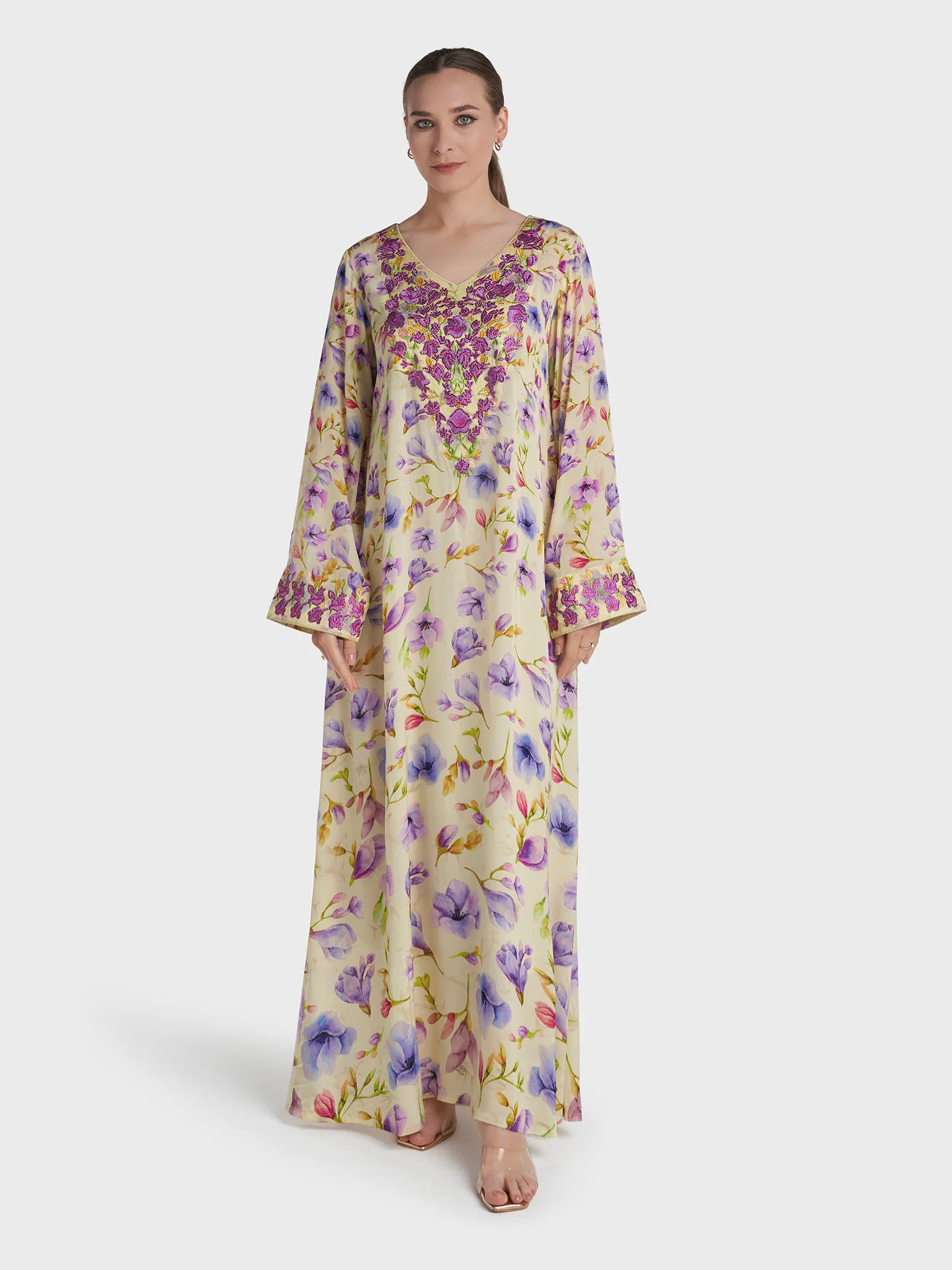 Yellow Colour Stone Work Viscose Crepe Floral Printed Jalabiya (VG3336) - Image 2