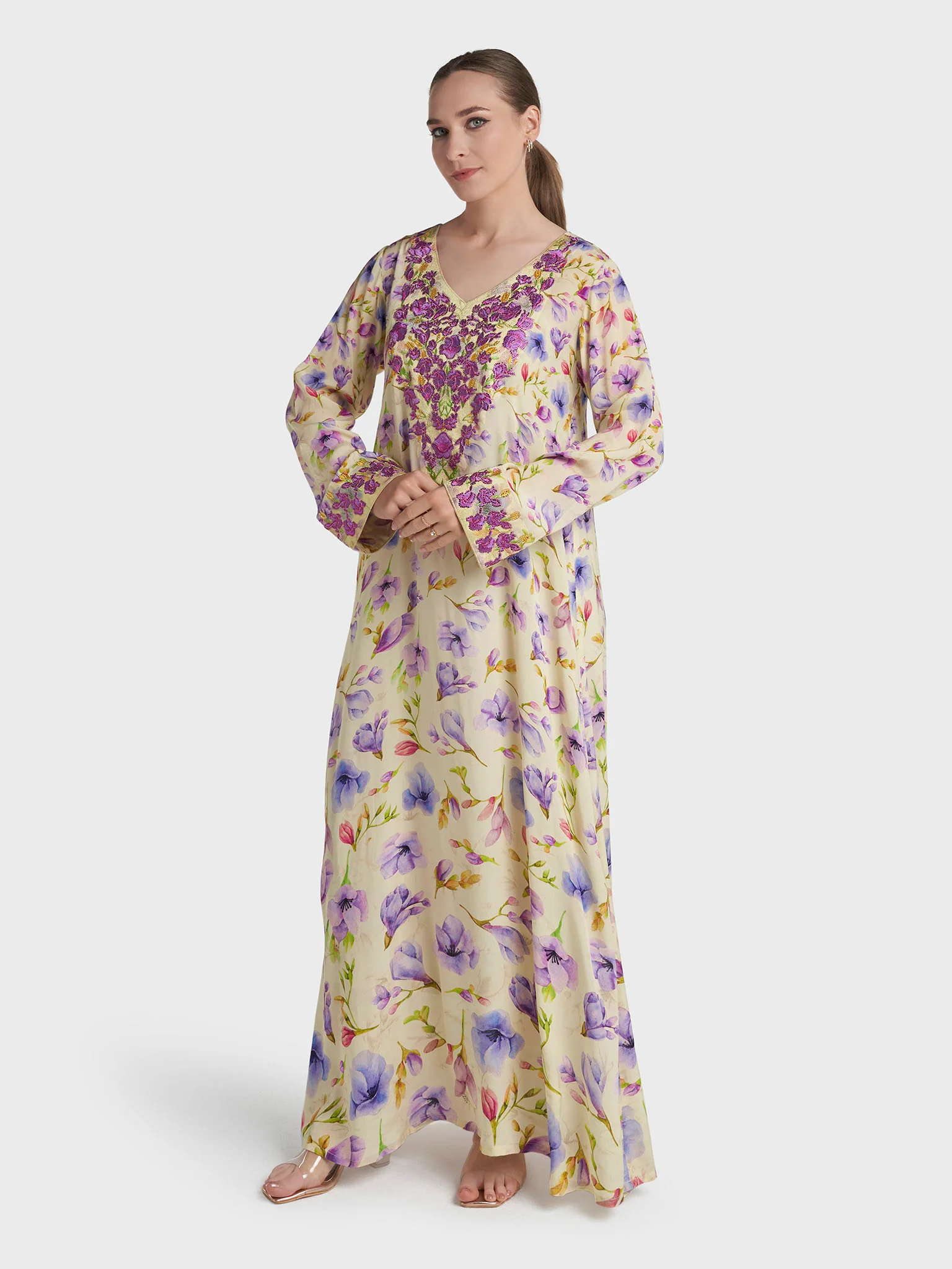 Yellow Colour Stone Work Viscose Crepe Floral Printed Jalabiya (VG3336) - Image 3