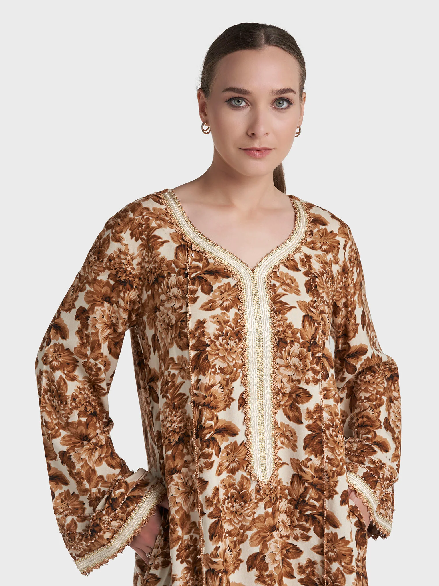Brown Colour Lace Work Rayon Floral Printed Jalabiya (VG3373)