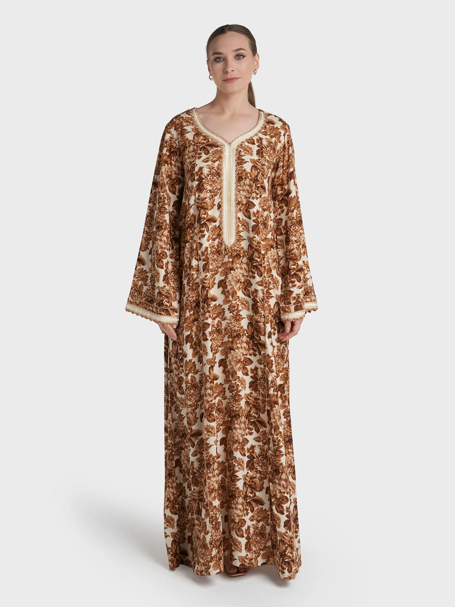 Brown Colour Lace Work Rayon Floral Printed Jalabiya (VG3373) - Image 2