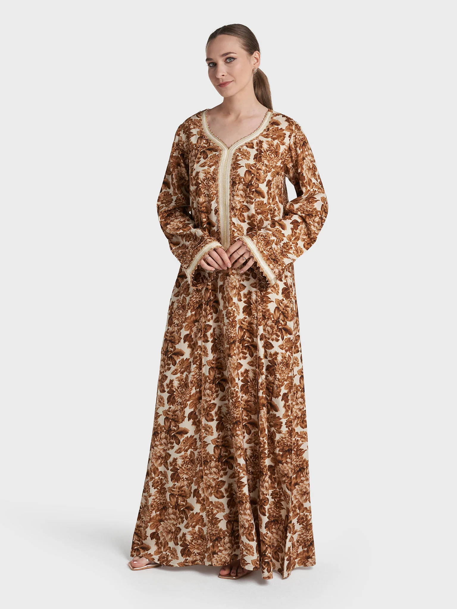 Brown Colour Lace Work Rayon Floral Printed Jalabiya (VG3373) - Image 3